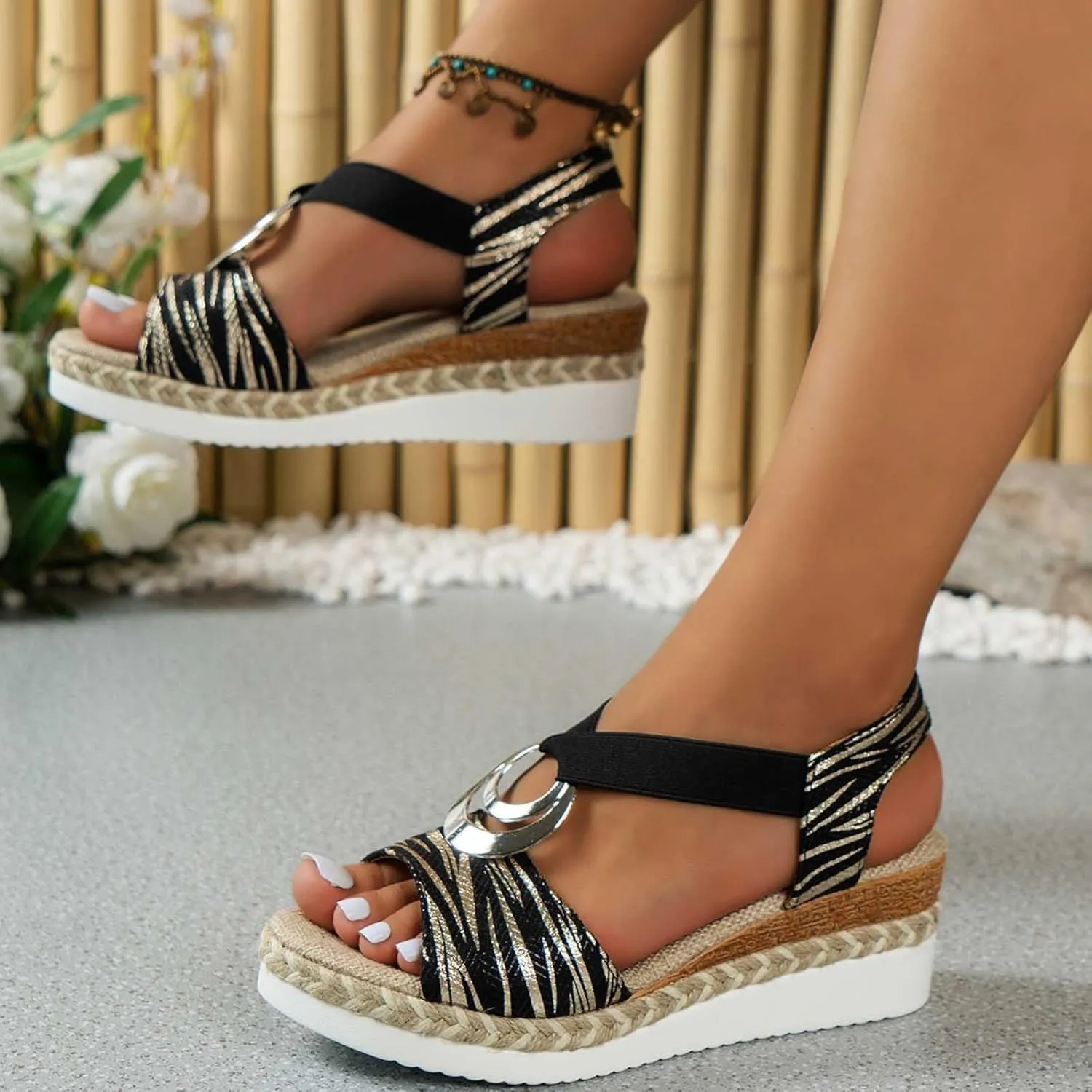 Wedge Sandals for Women 2025 Woven Flax Thick Sole Sandals Metal Decoration Elastic Strap Sandal Open Toe Slip On Shoes Summer Arch Support Walking Shoes
