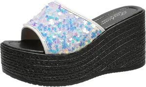 WENOREG Women's Sequined Slip-On Platform Wedge Sandals,Summer Fashion Fish Mouth Open Toe Dress Beach Shoes Indoor Outdoor Comfortable Slipper Platform Sandals