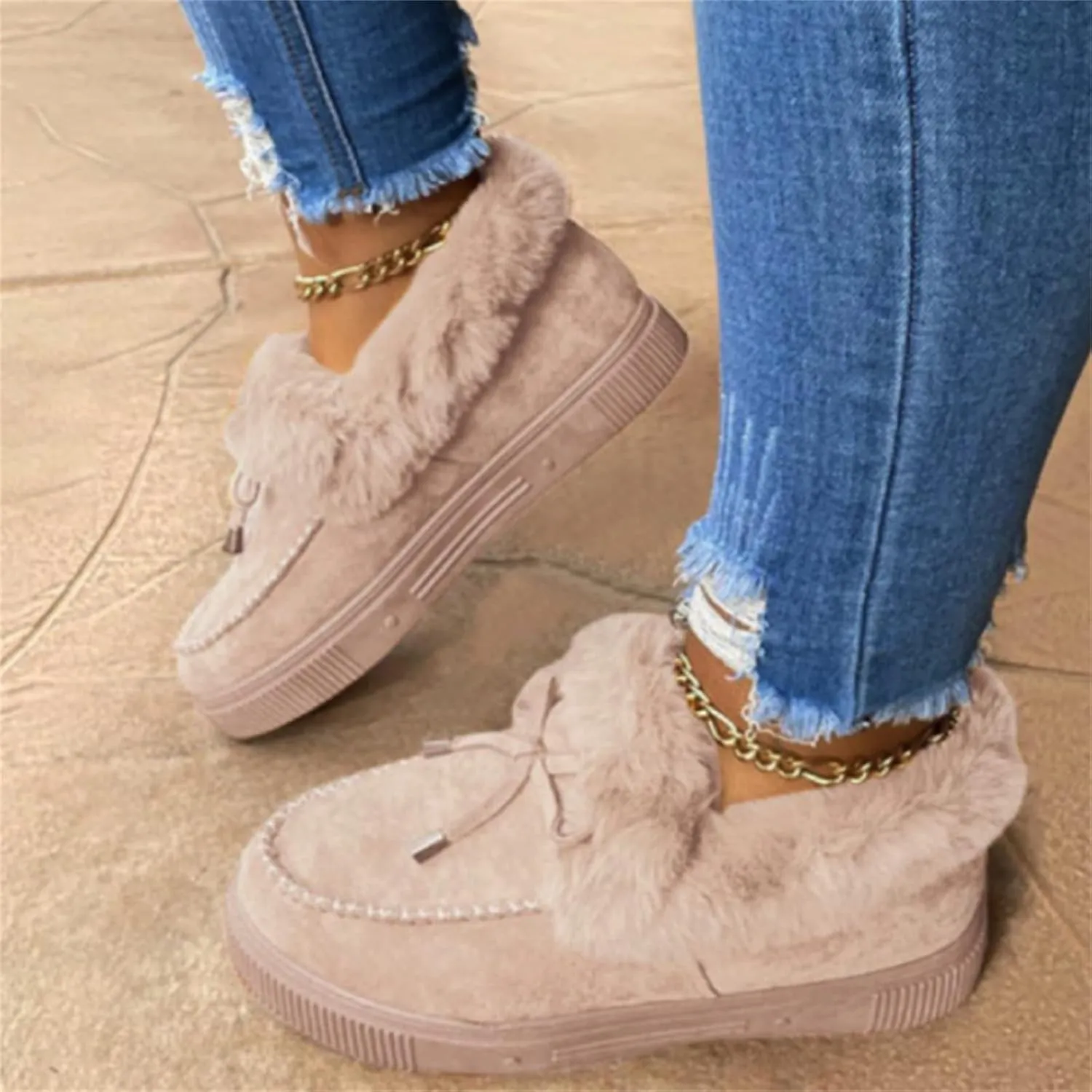 Winter Boots For Women 2024 Fashion Casual Slip-on Warm Loafers Shoes Faux Fur-Lined Comfortable Snow Ankle Booties