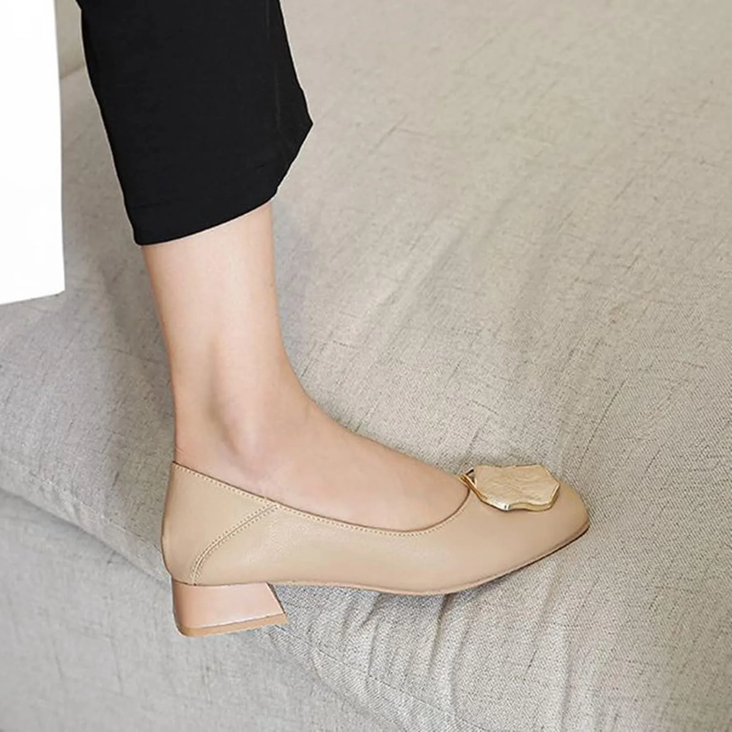Women Fashion Square Toe Pumps Low Chunky Heel Comfortable Soft Leather Slip On Office Work Shoes