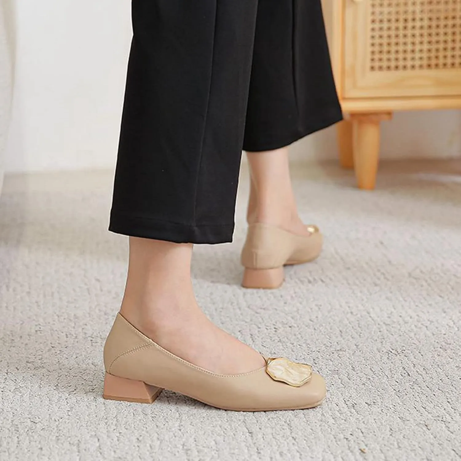 Women Fashion Square Toe Pumps Low Chunky Heel Comfortable Soft Leather Slip On Office Work Shoes