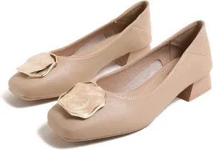 Women Fashion Square Toe Pumps Low Chunky Heel Comfortable Soft Leather Slip On Office Work Shoes