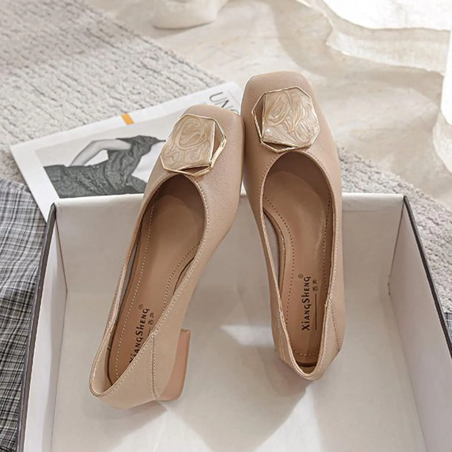 Women Fashion Square Toe Pumps Low Chunky Heel Comfortable Soft Leather Slip On Office Work Shoes
