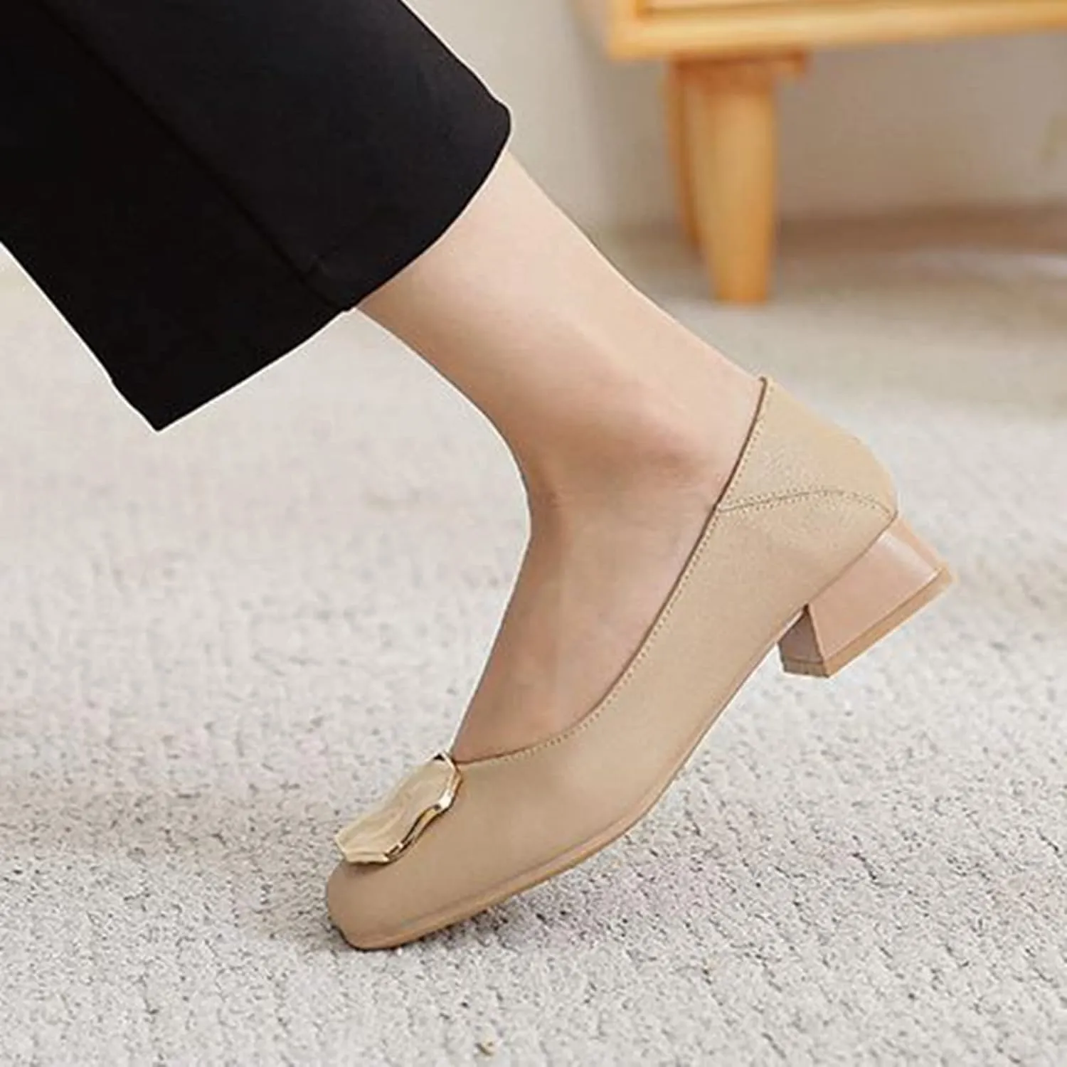 Women Fashion Square Toe Pumps Low Chunky Heel Comfortable Soft Leather Slip On Office Work Shoes