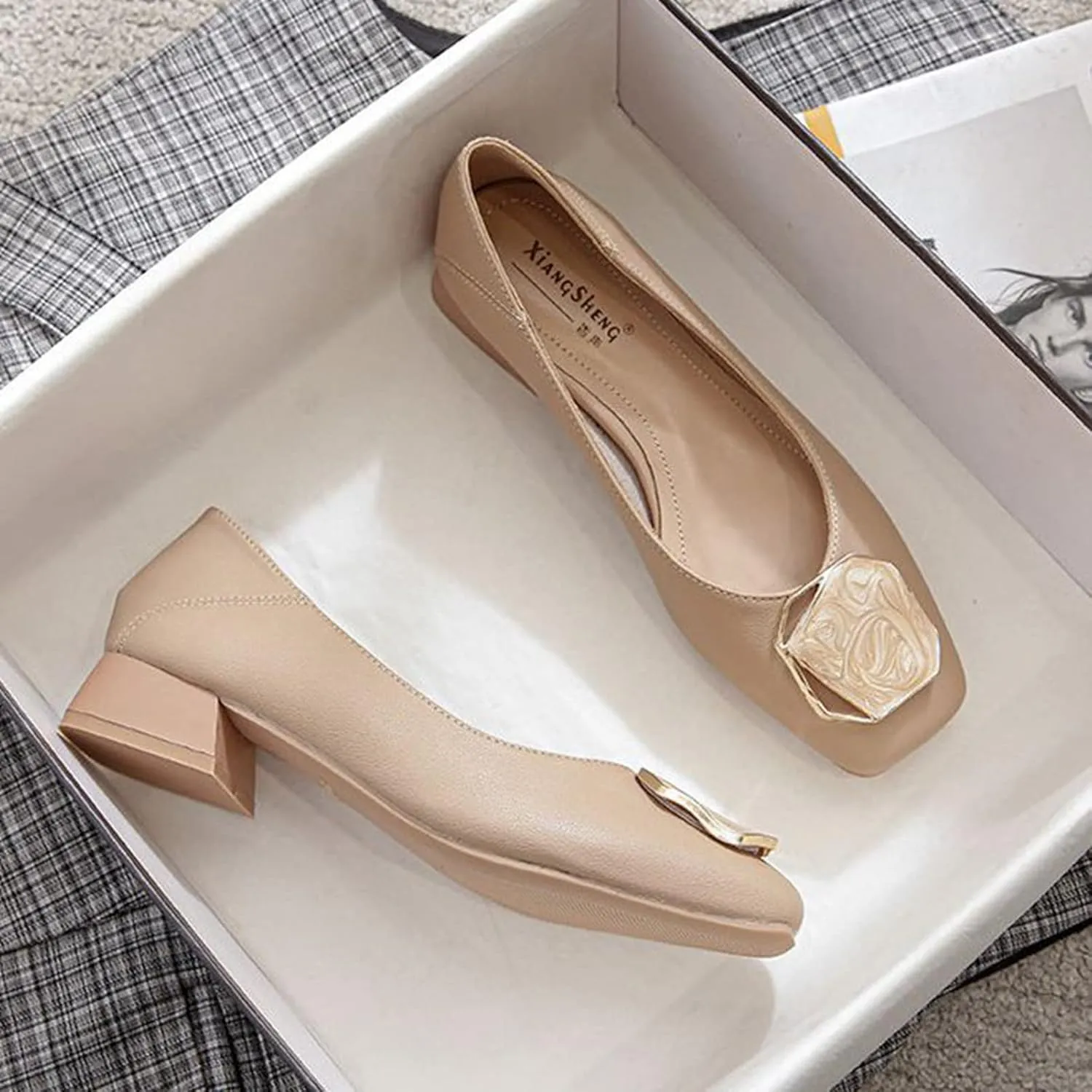 Women Fashion Square Toe Pumps Low Chunky Heel Comfortable Soft Leather Slip On Office Work Shoes