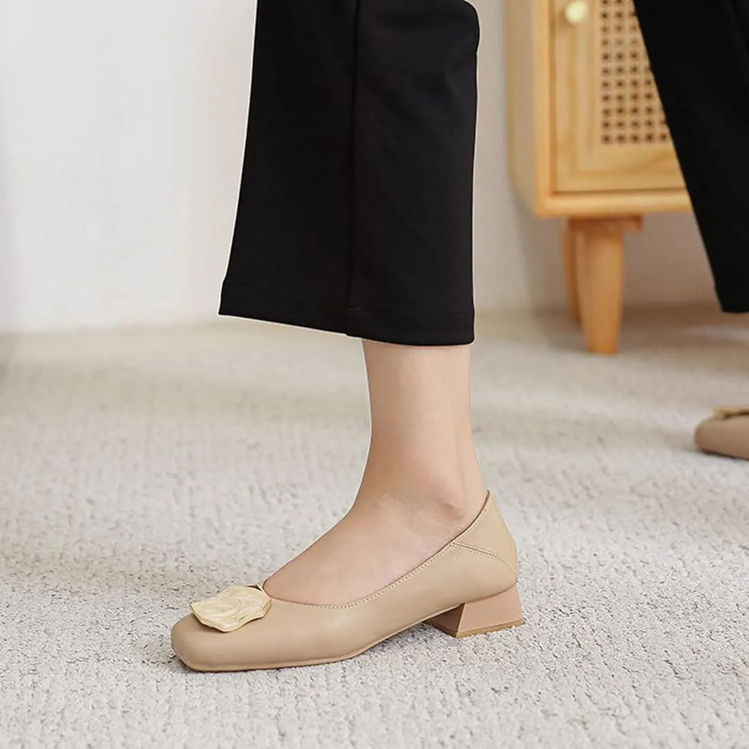 Women Fashion Square Toe Pumps Low Chunky Heel Comfortable Soft Leather Slip On Office Work Shoes