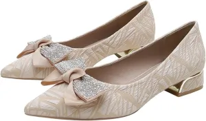 Women Pointed Toe Bow Dress Pumps Slip On Fashion Comfortable Low Block Heel Wedding Party Shoes