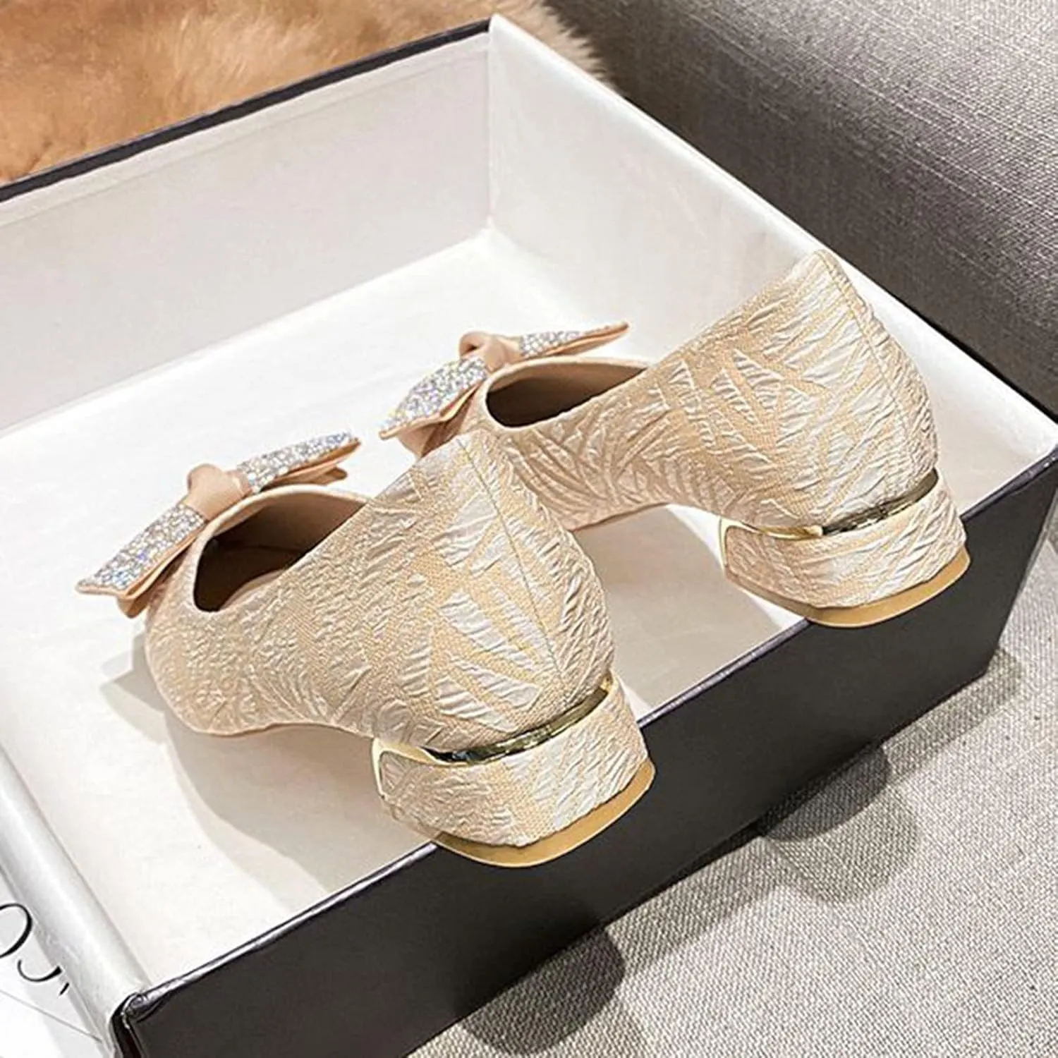 Women Pointed Toe Bow Dress Pumps Slip On Fashion Comfortable Low Block Heel Wedding Party Shoes