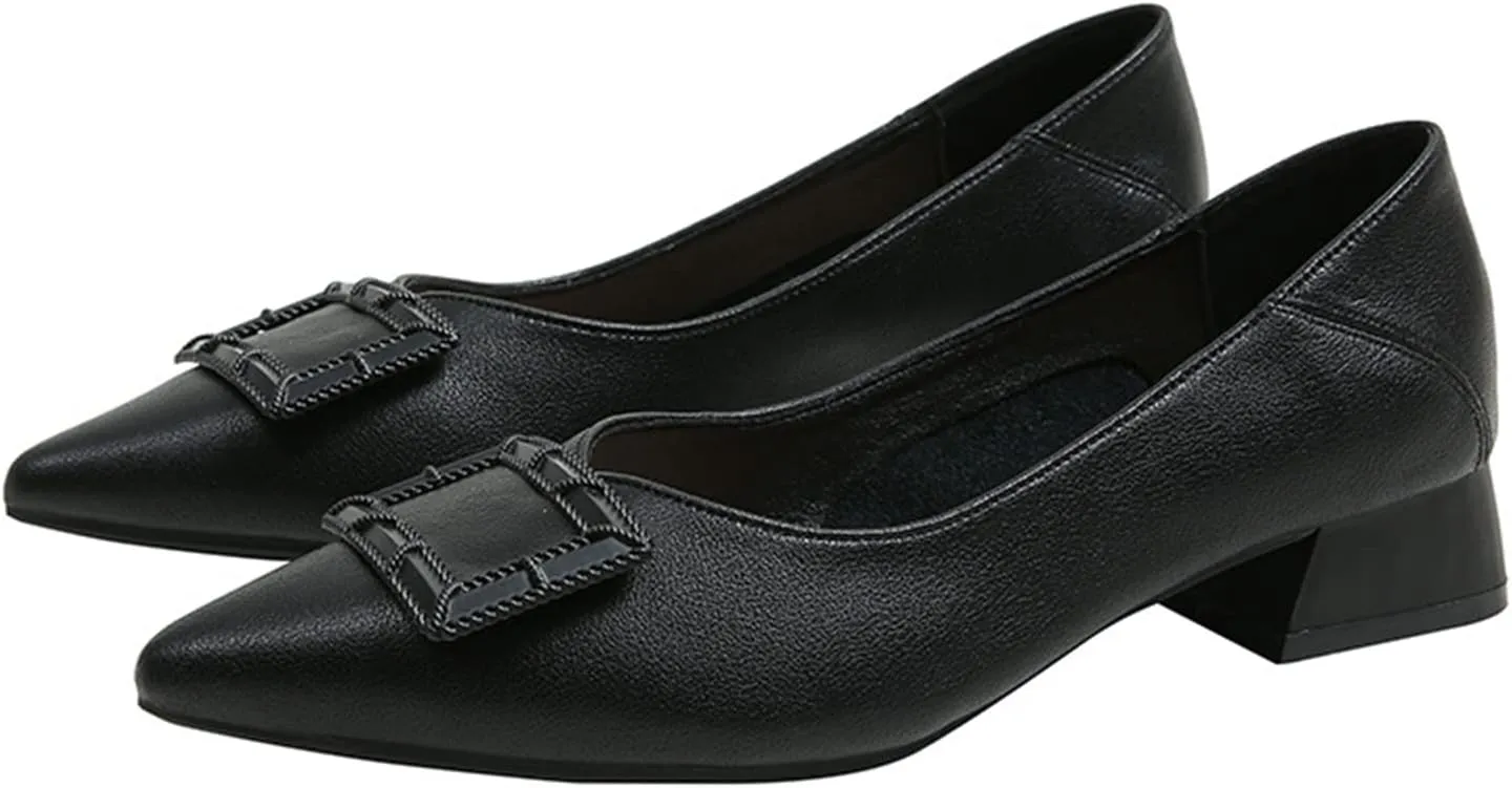 Women Pointed Toe Slip On Office Pumps Fashion Comfortable Low Block Heel Leather Casual Work Shoes