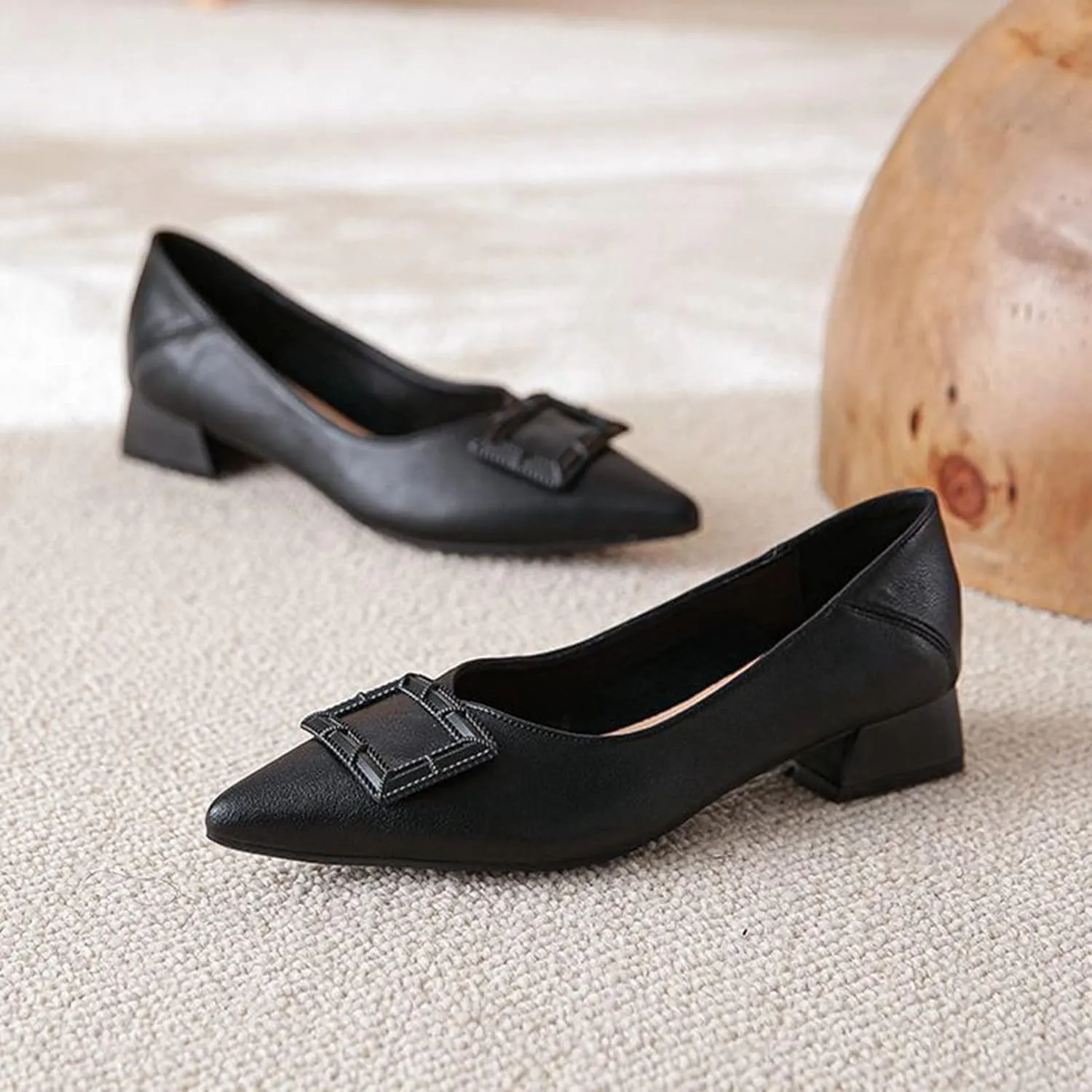 Women Pointed Toe Slip On Office Pumps Fashion Comfortable Low Block Heel Leather Casual Work Shoes