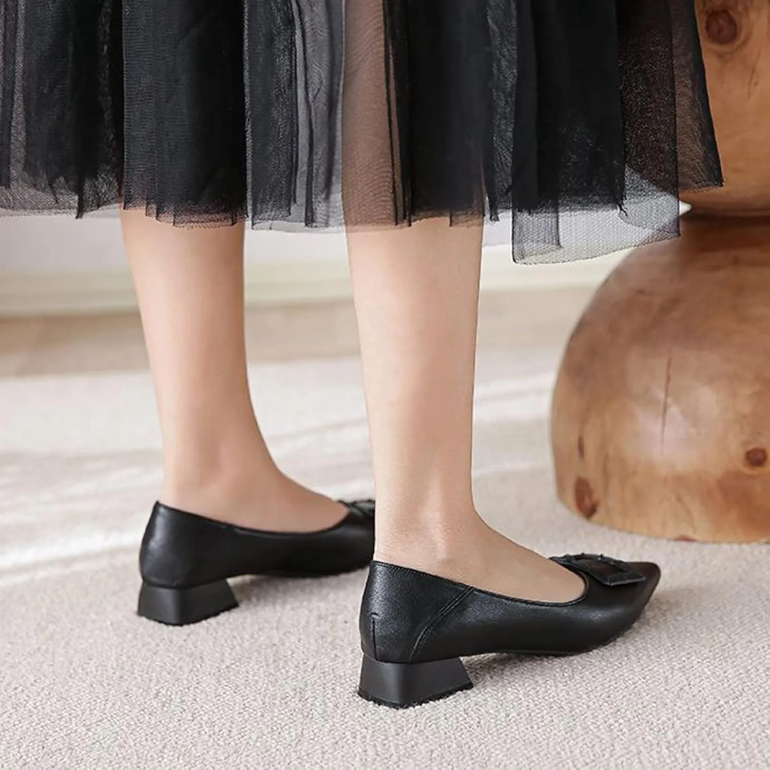 Women Pointed Toe Slip On Office Pumps Fashion Comfortable Low Block Heel Leather Casual Work Shoes