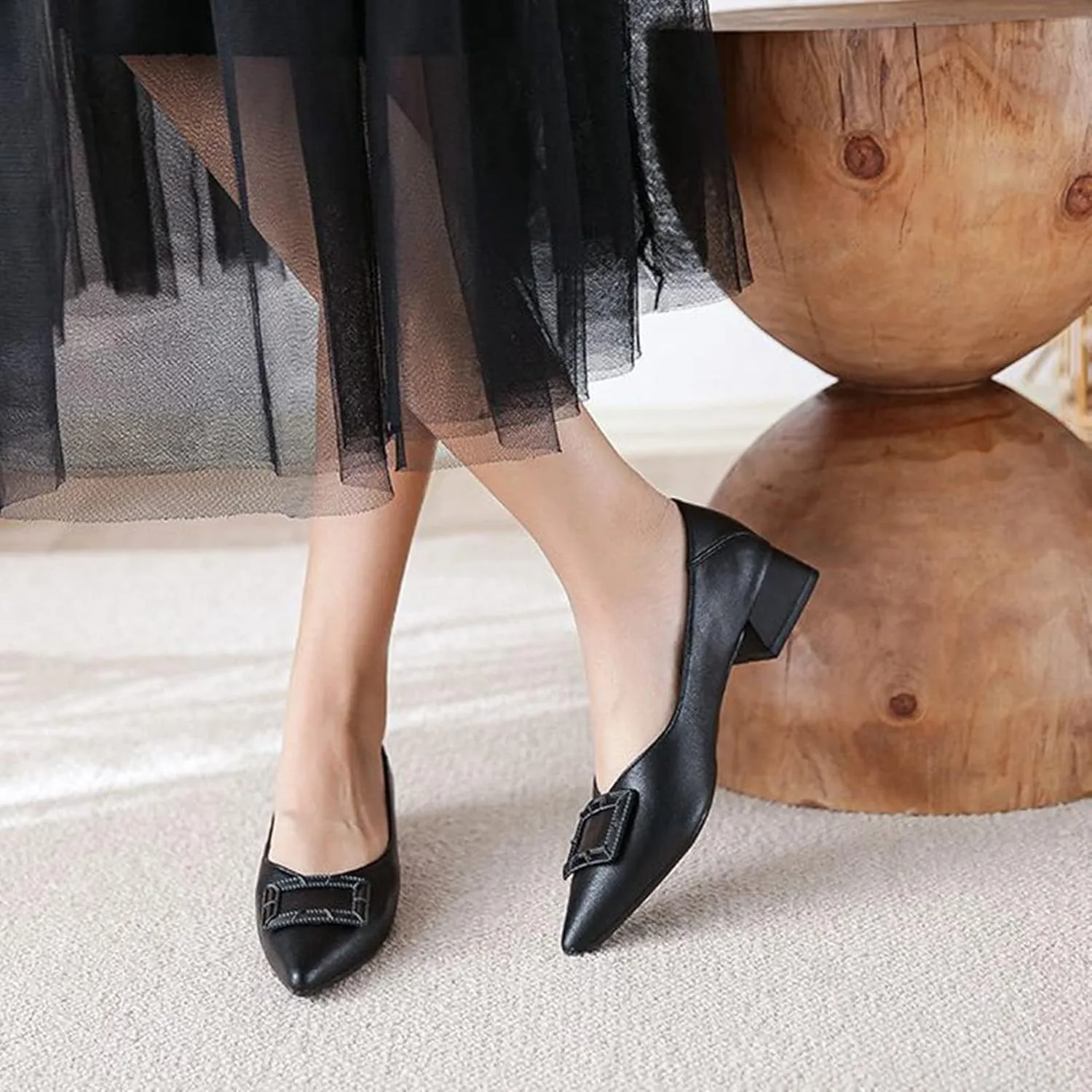 Women Pointed Toe Slip On Office Pumps Fashion Comfortable Low Block Heel Leather Casual Work Shoes