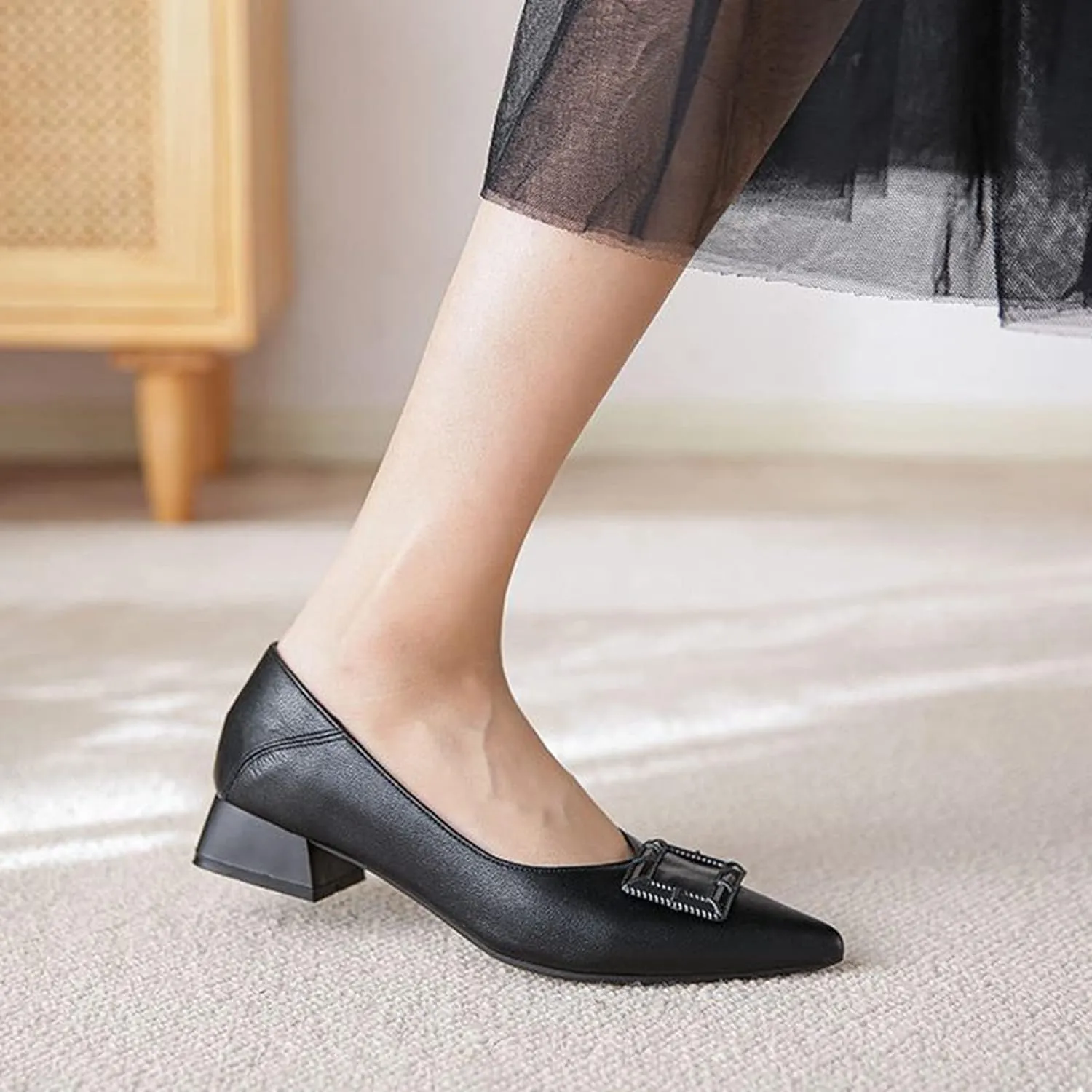 Women Pointed Toe Slip On Office Pumps Fashion Comfortable Low Block Heel Leather Casual Work Shoes
