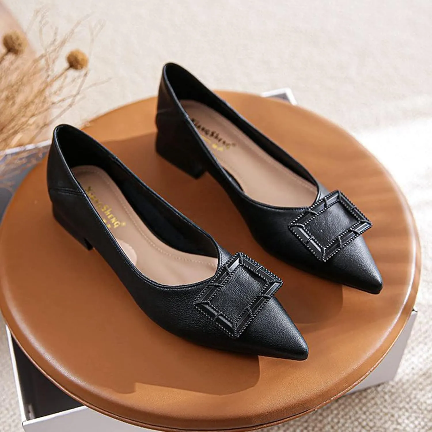 Women Pointed Toe Slip On Office Pumps Fashion Comfortable Low Block Heel Leather Casual Work Shoes