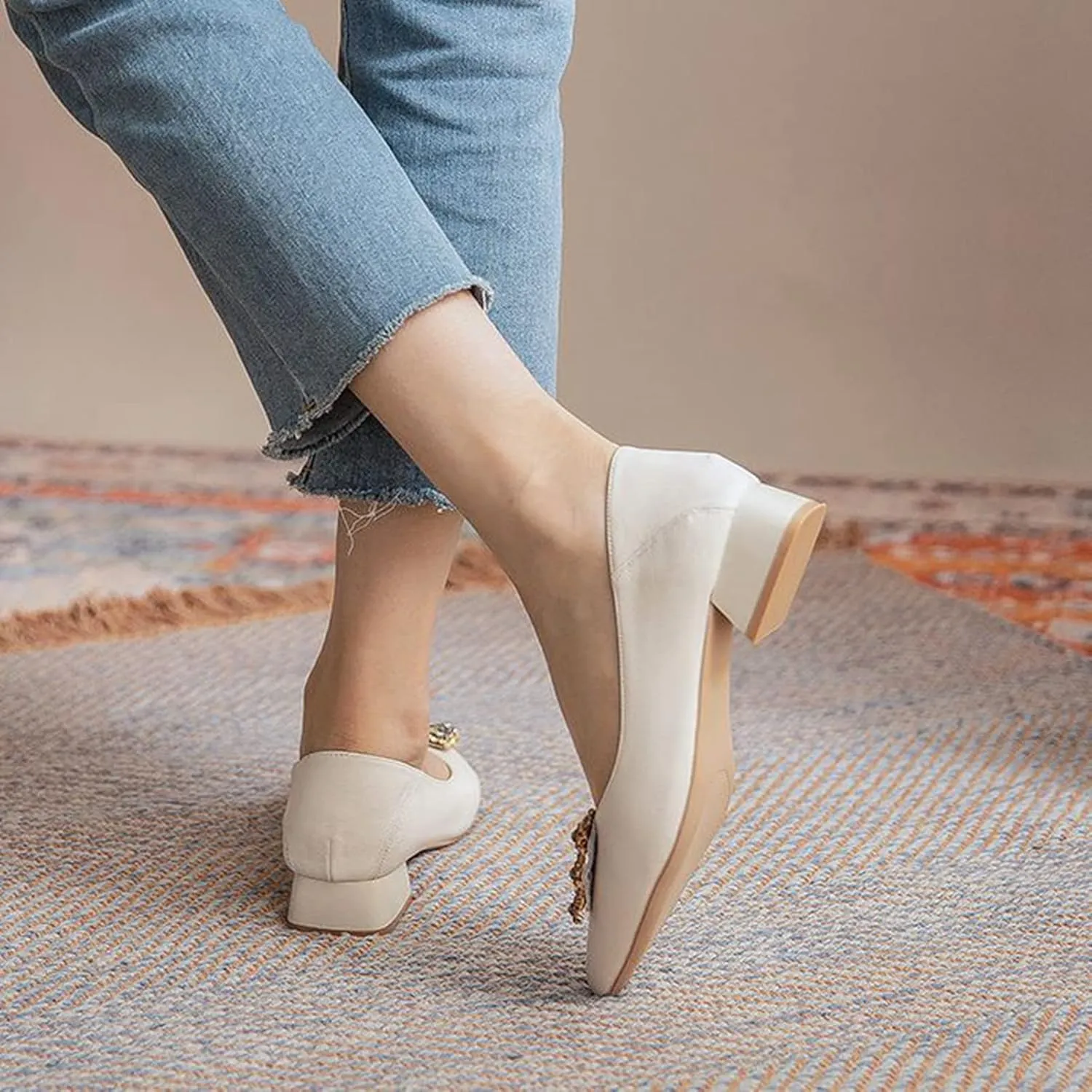 Women Rhinestone Square Buckle Pumps Slip On Low Chunky Heel Pointed Toe Office Work Dress Shoes
