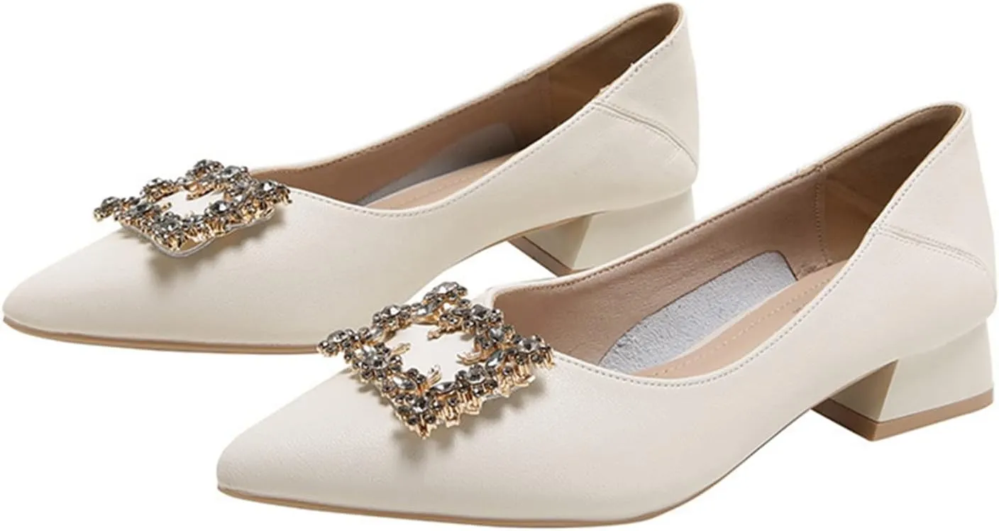 Women Rhinestone Square Buckle Pumps Slip On Low Chunky Heel Pointed Toe Office Work Dress Shoes