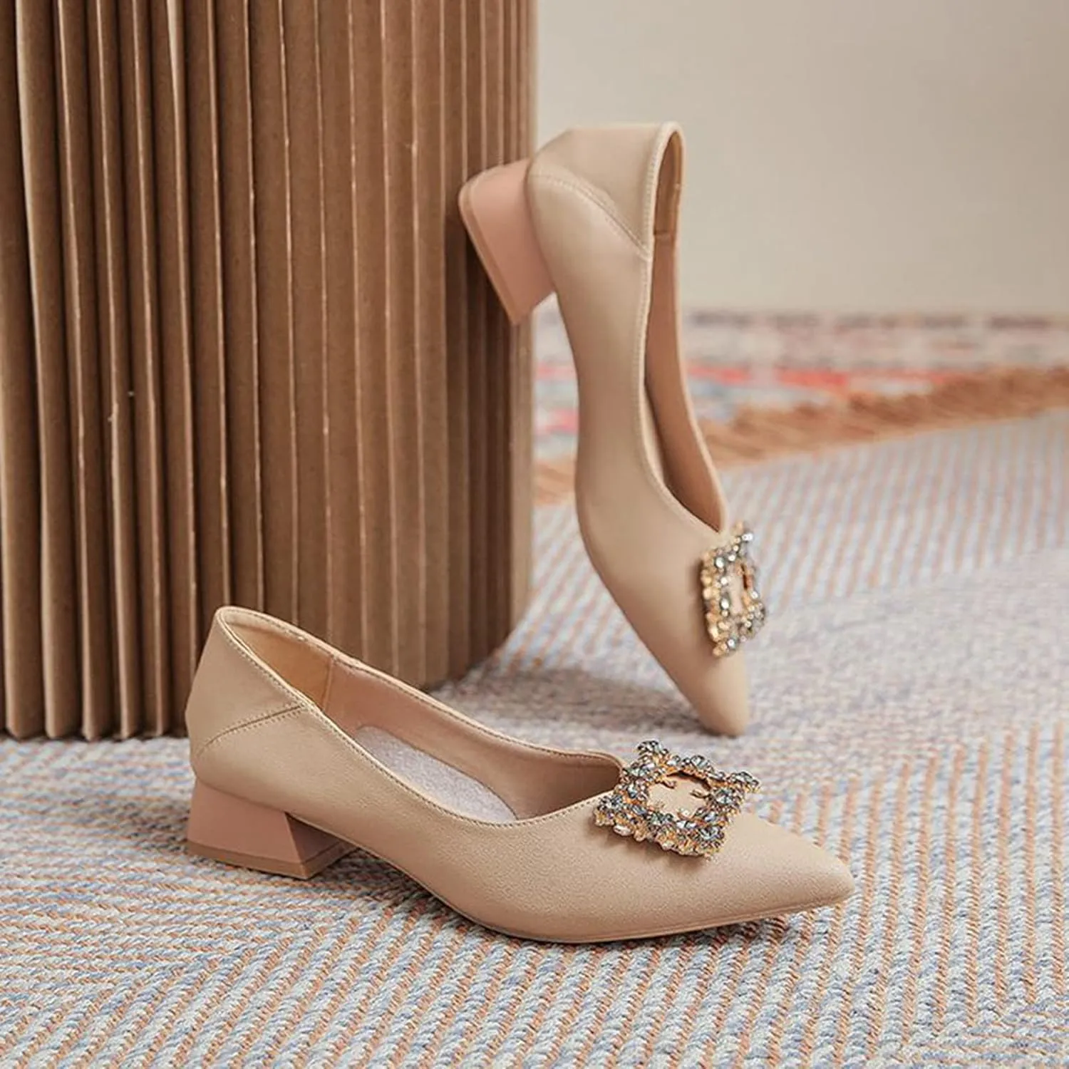 Women Rhinestone Square Buckle Pumps Slip On Low Chunky Heel Pointed Toe Office Work Dress Shoes