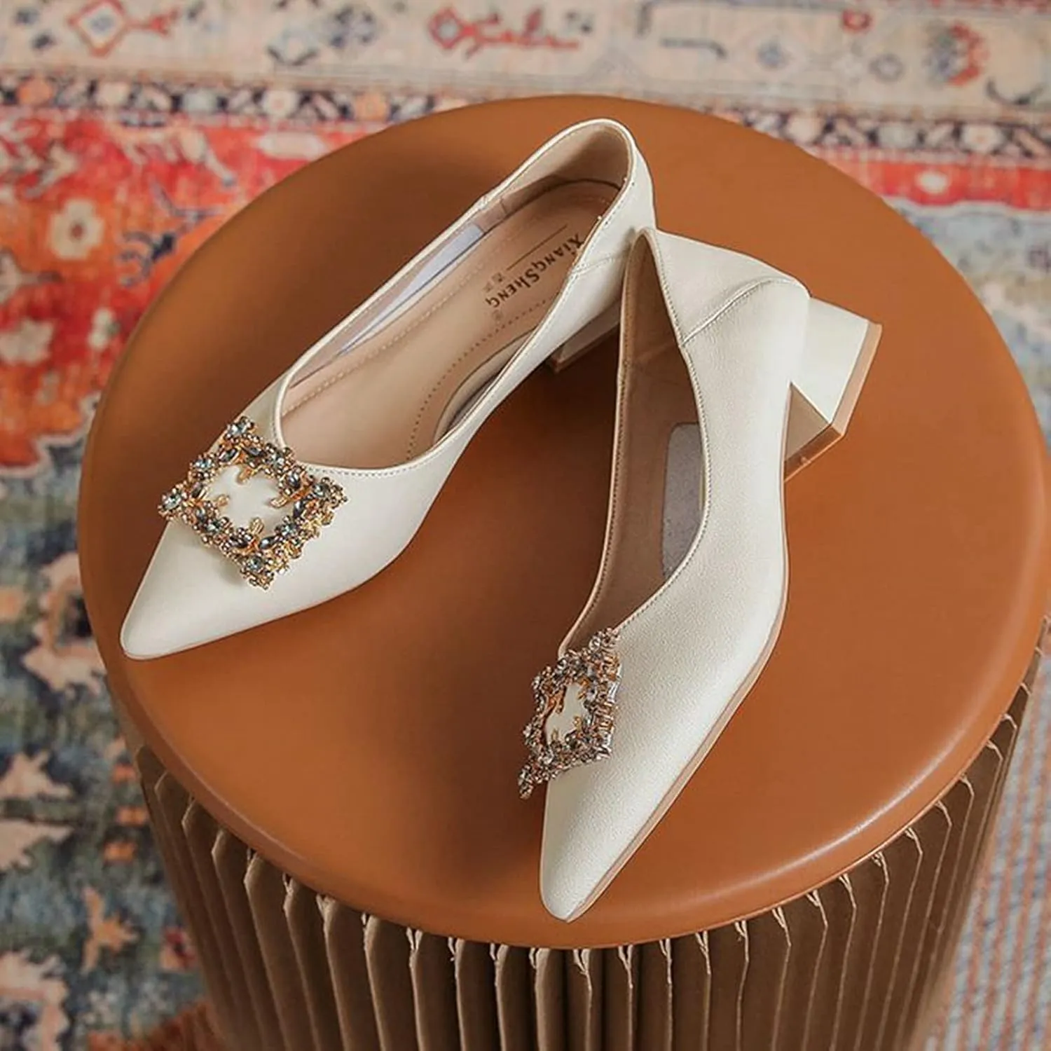 Women Rhinestone Square Buckle Pumps Slip On Low Chunky Heel Pointed Toe Office Work Dress Shoes