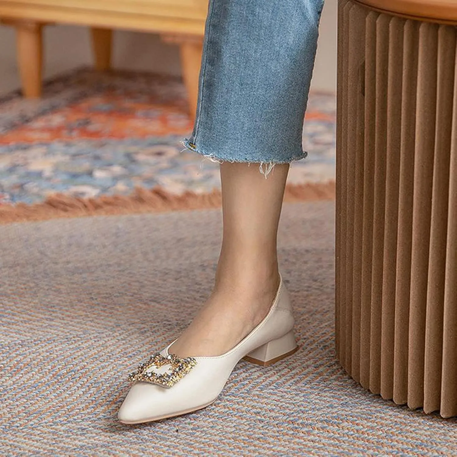 Women Rhinestone Square Buckle Pumps Slip On Low Chunky Heel Pointed Toe Office Work Dress Shoes