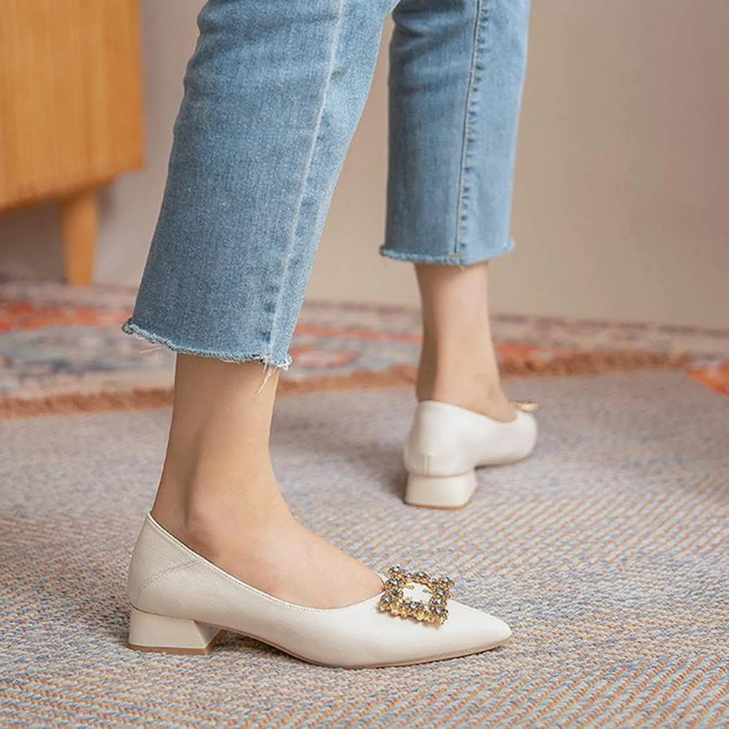 Women Rhinestone Square Buckle Pumps Slip On Low Chunky Heel Pointed Toe Office Work Dress Shoes