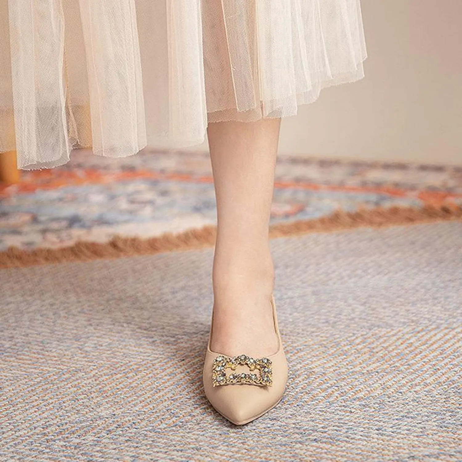 Women Rhinestone Square Buckle Pumps Slip On Low Chunky Heel Pointed Toe Office Work Dress Shoes
