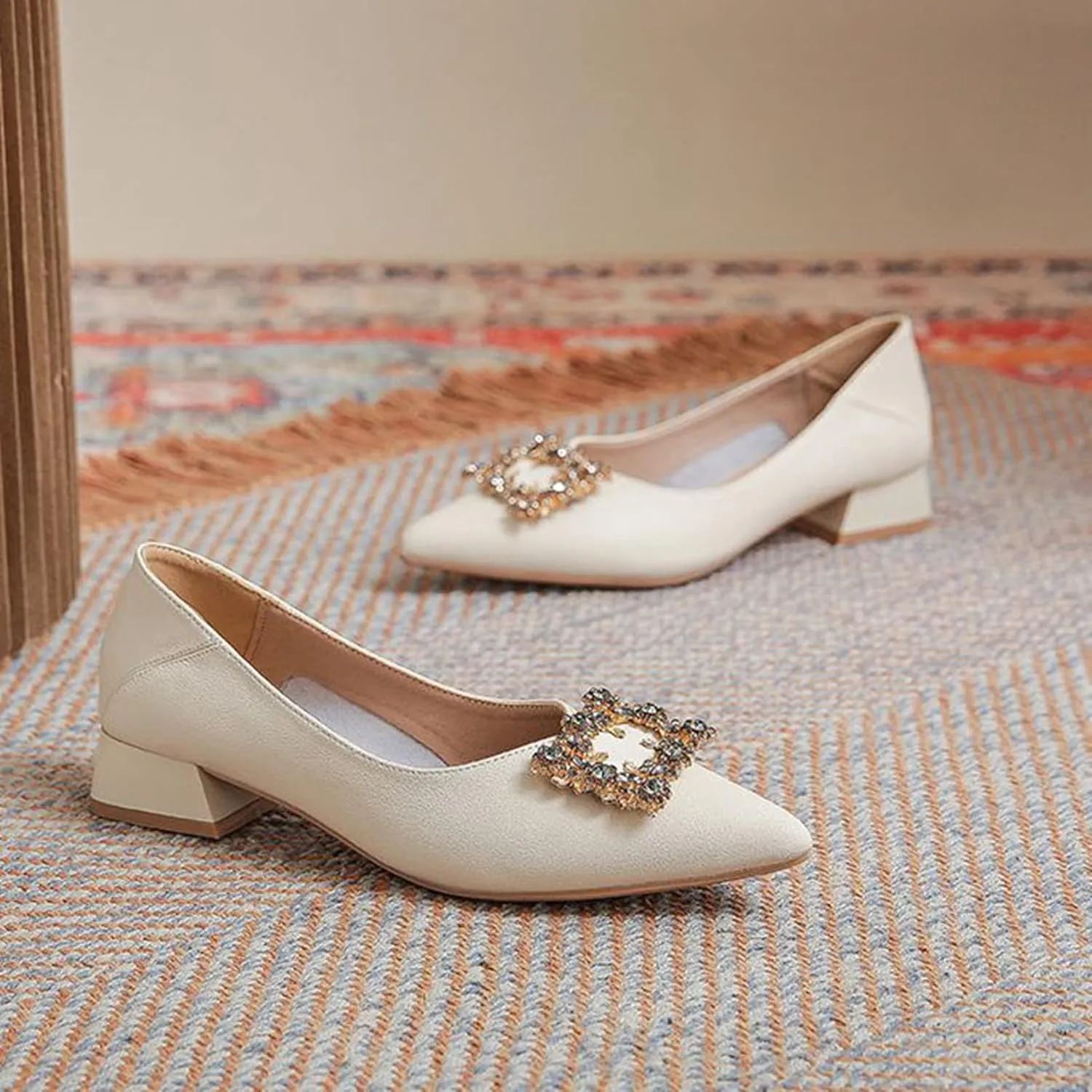 Women Rhinestone Square Buckle Pumps Slip On Low Chunky Heel Pointed Toe Office Work Dress Shoes
