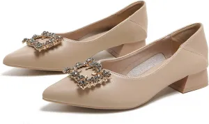 Women Rhinestone Square Buckle Pumps Slip On Low Chunky Heel Pointed Toe Office Work Dress Shoes