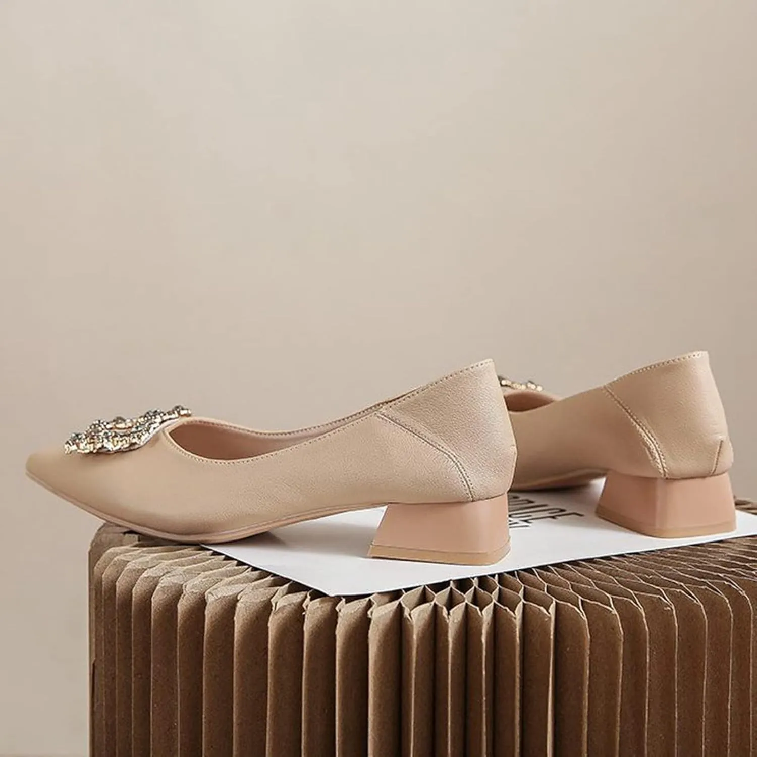 Women Rhinestone Square Buckle Pumps Slip On Low Chunky Heel Pointed Toe Office Work Dress Shoes