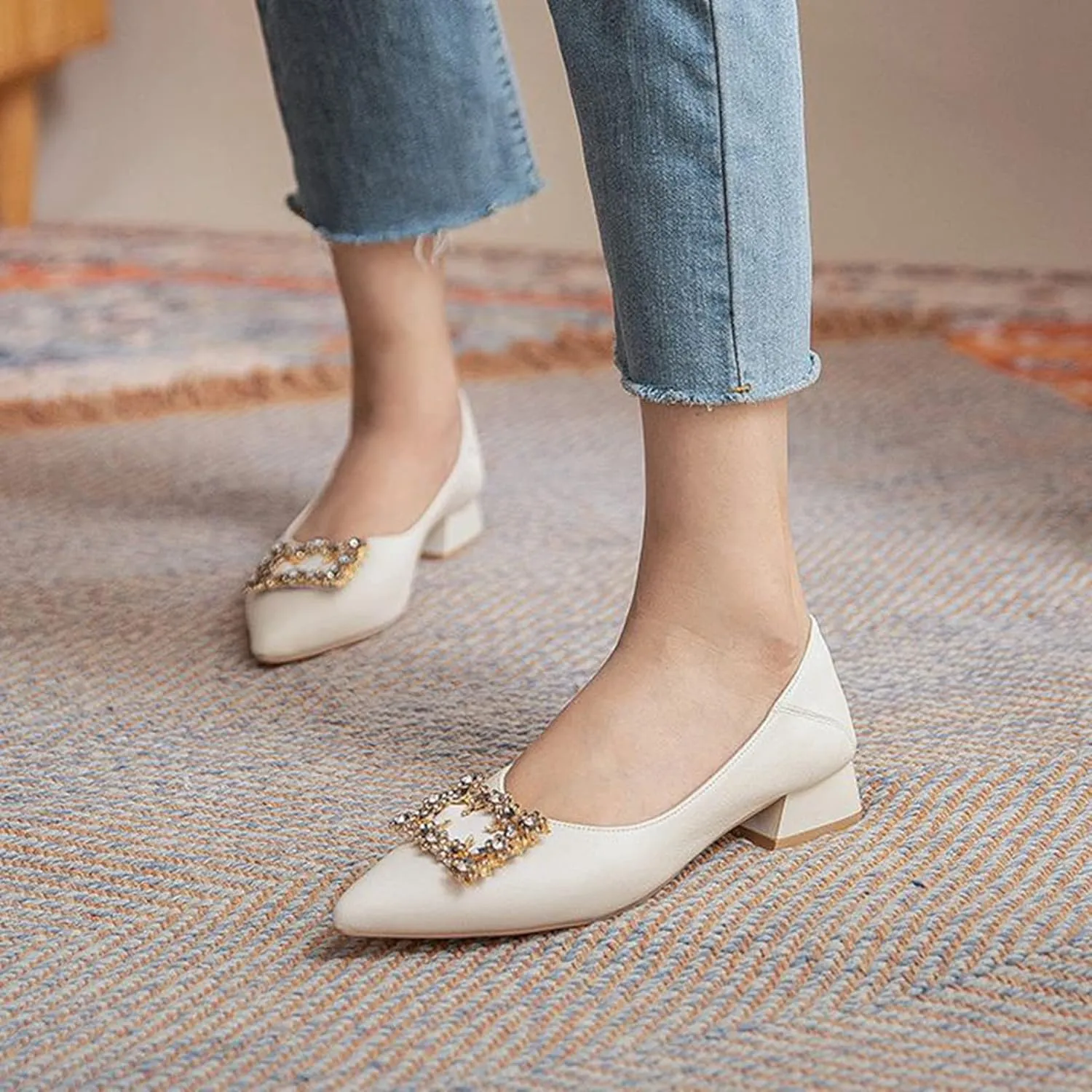 Women Rhinestone Square Buckle Pumps Slip On Low Chunky Heel Pointed Toe Office Work Dress Shoes