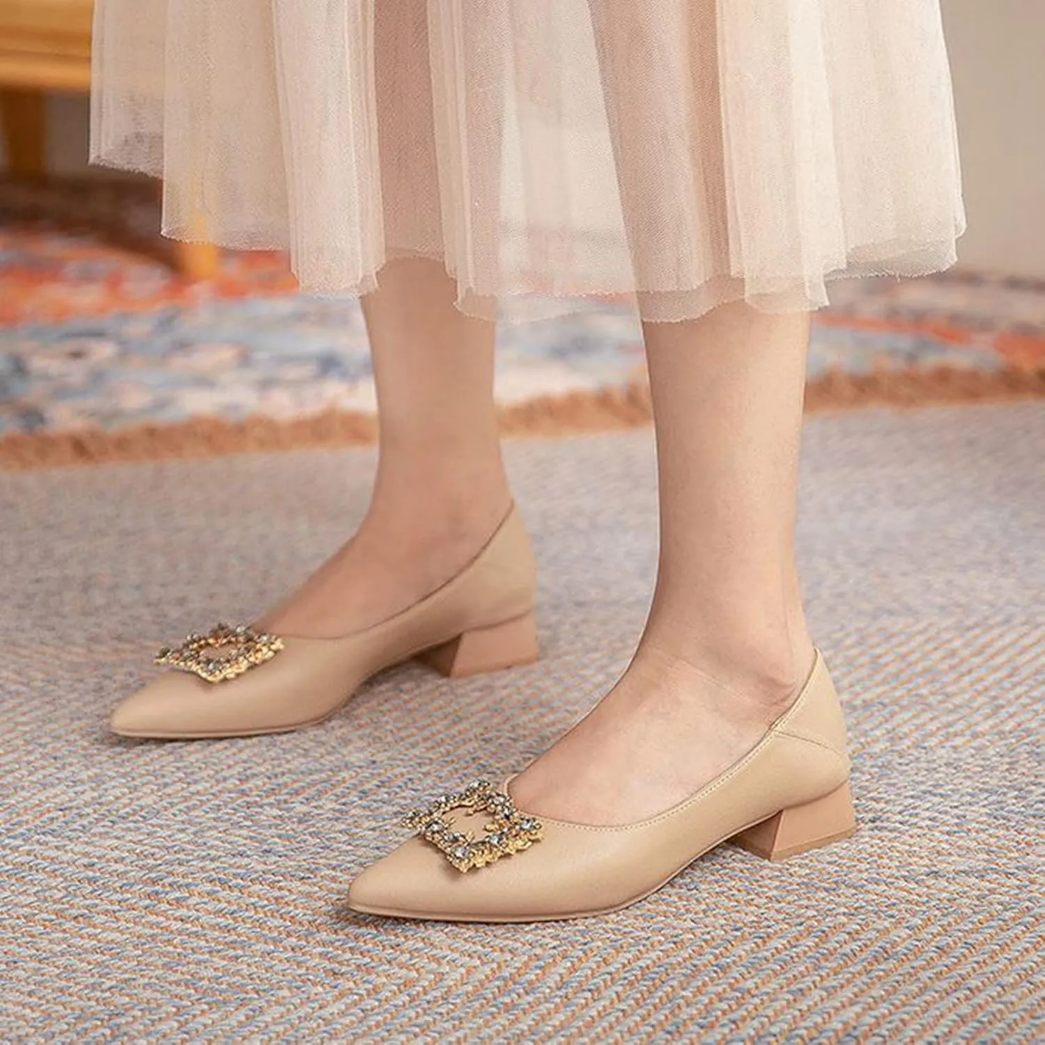 Women Rhinestone Square Buckle Pumps Slip On Low Chunky Heel Pointed Toe Office Work Dress Shoes