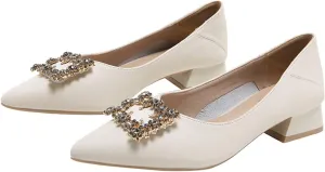 Women Rhinestone Square Buckle Pumps Slip On Low Chunky Heel Pointed Toe Office Work Dress Shoes