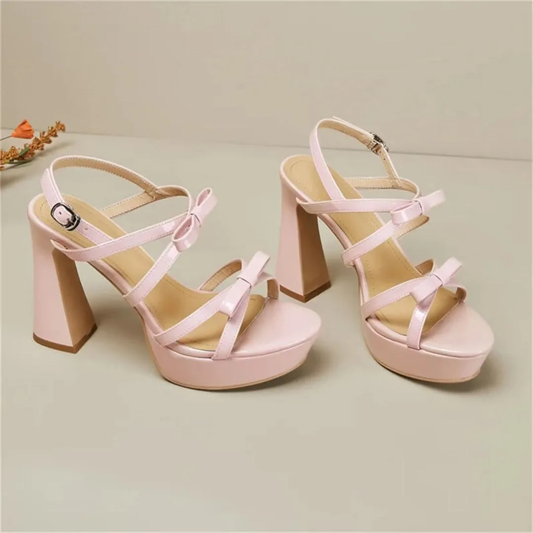 Women Sandals Genuine Leather T-Strap Bow Knot Super High Heel Fashion Dress Sandals