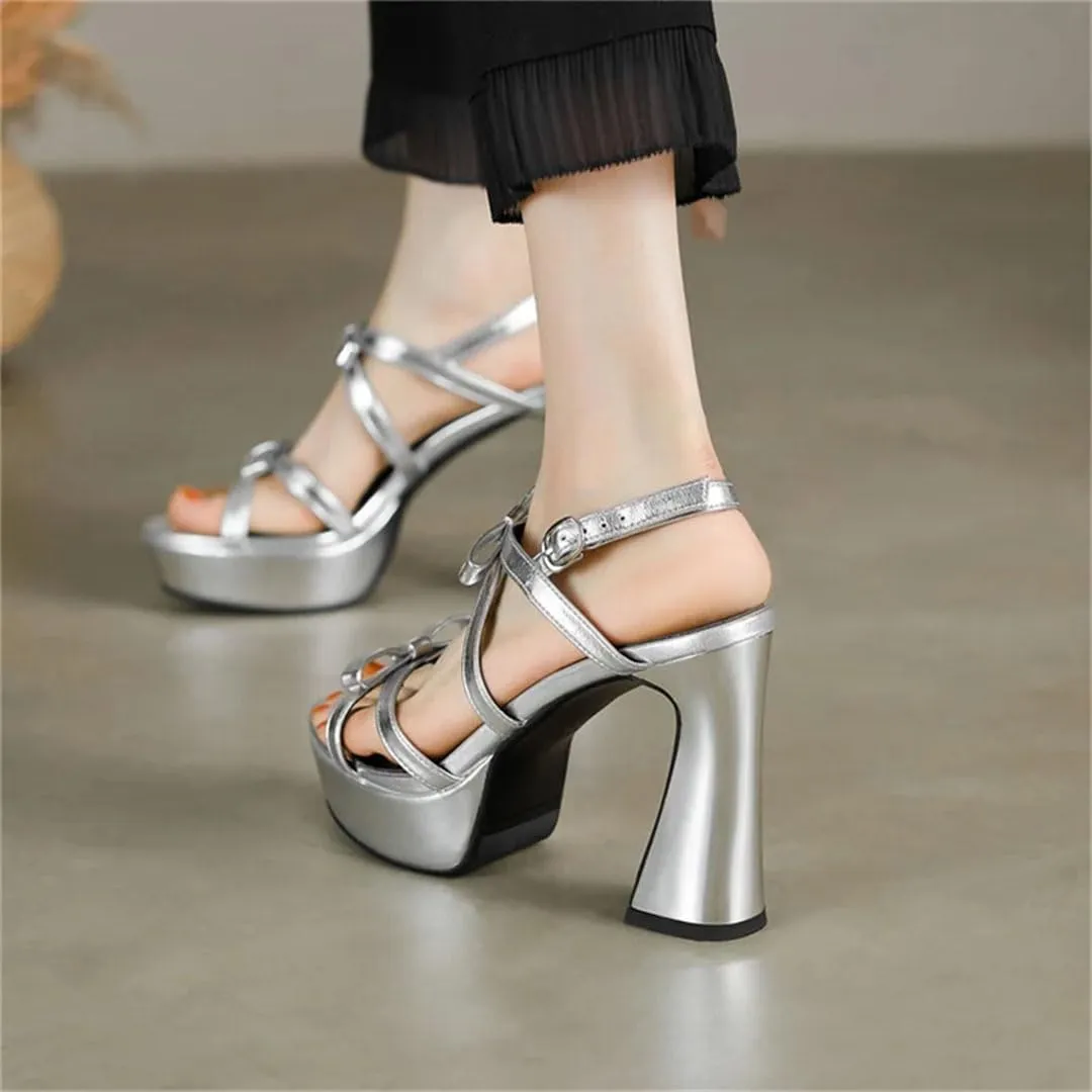 Women Sandals Genuine Leather T-Strap Bow Knot Super High Heel Fashion Dress Sandals