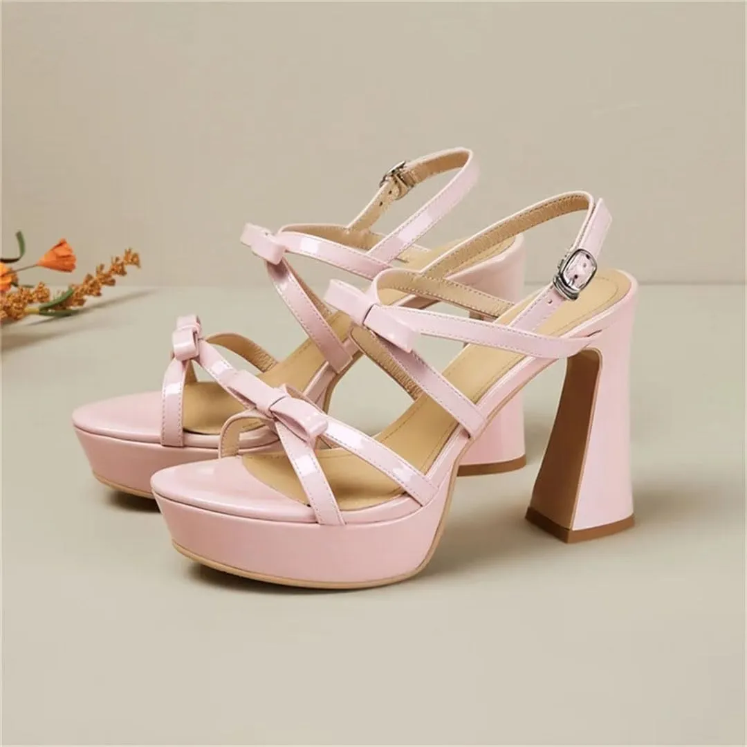 Women Sandals Genuine Leather T-Strap Bow Knot Super High Heel Fashion Dress Sandals