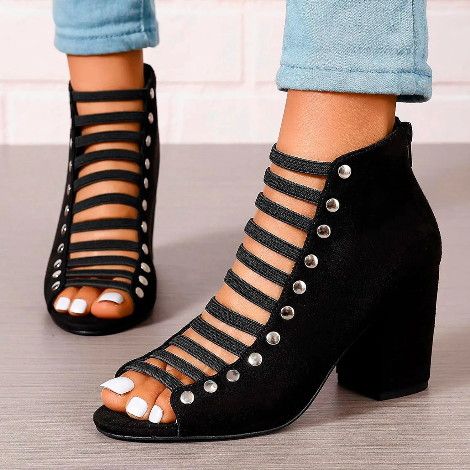 Women Toe Suede Sandals Back Zipper Cutout Sandals Chunky High Heel Ankle Strap Shoes for Women Dressy Heels