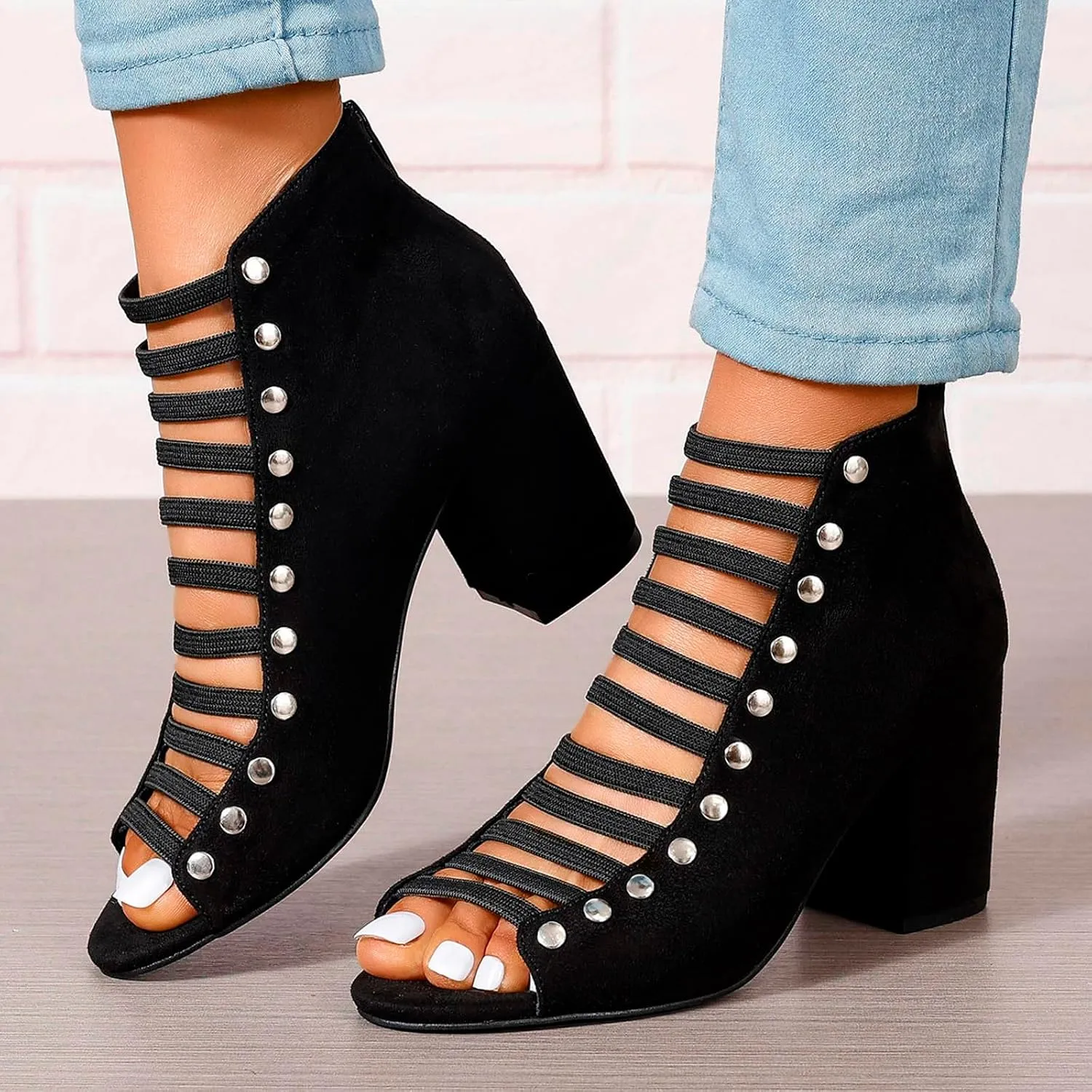 Women Toe Suede Sandals Back Zipper Cutout Sandals Chunky High Heel Ankle Strap Shoes for Women Dressy Heels