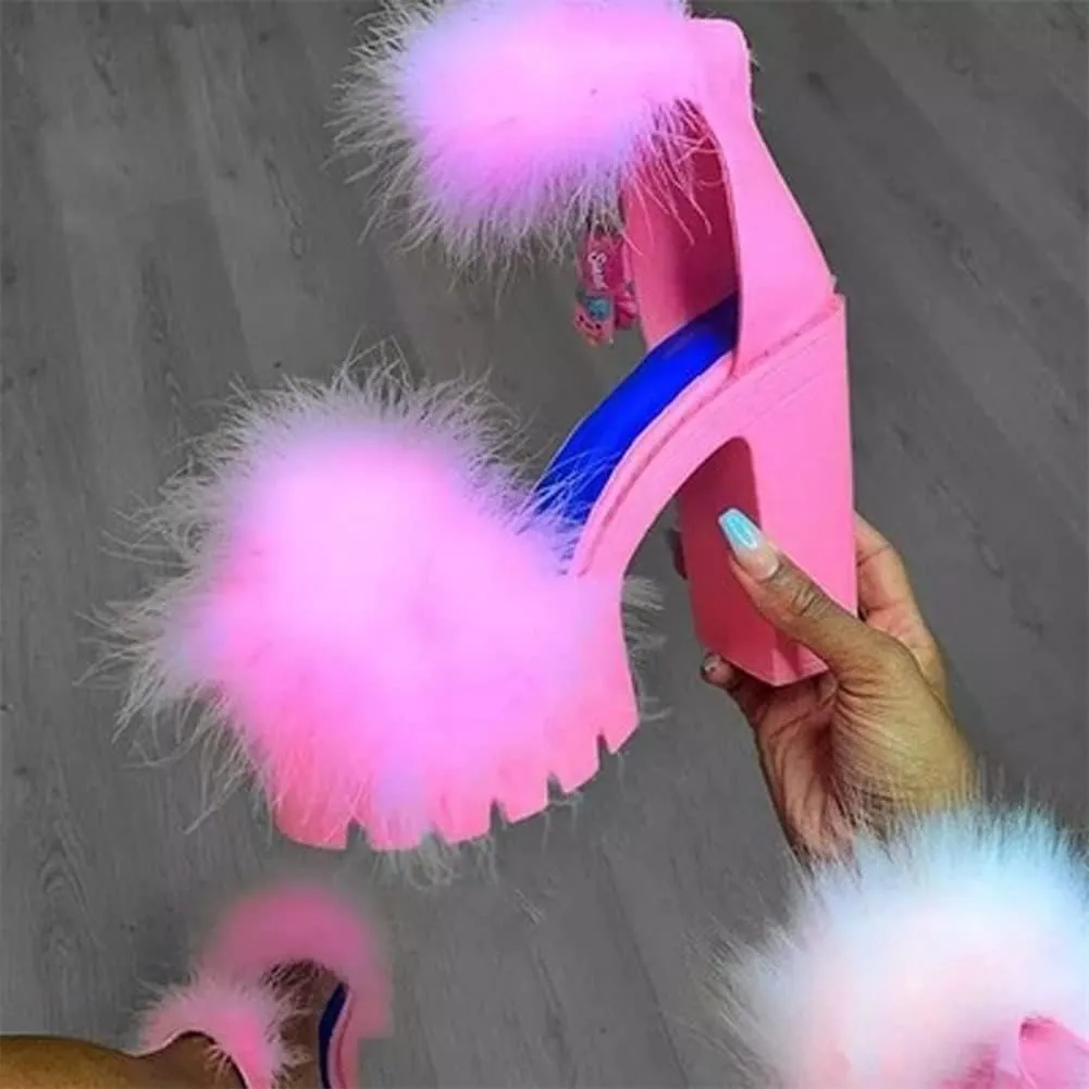 Women Wedge Sandals Fluffy Platform Chunky Heels with Strap Fashion Dress Sexy Pumps Shoes (Color : Pink, Size : 9 US)