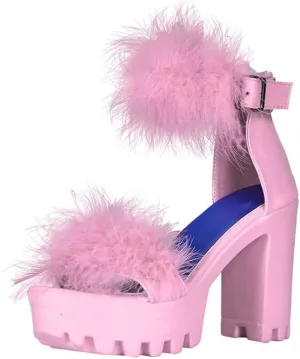 Women Wedge Sandals Fluffy Platform Chunky Heels with Strap Fashion Dress Sexy Pumps Shoes (Color : Pink, Size : 9 US)
