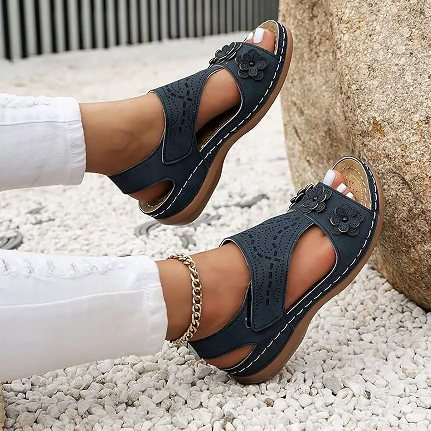 Womens Casual And Fashionable Slides 3D Flower Decorative Open Toe Arch Support Ankle Strap Platform Sandals Bohemian Hollow Slip On Casual Lightweight Comfortable Outdoor Womens Espadrille Sandals