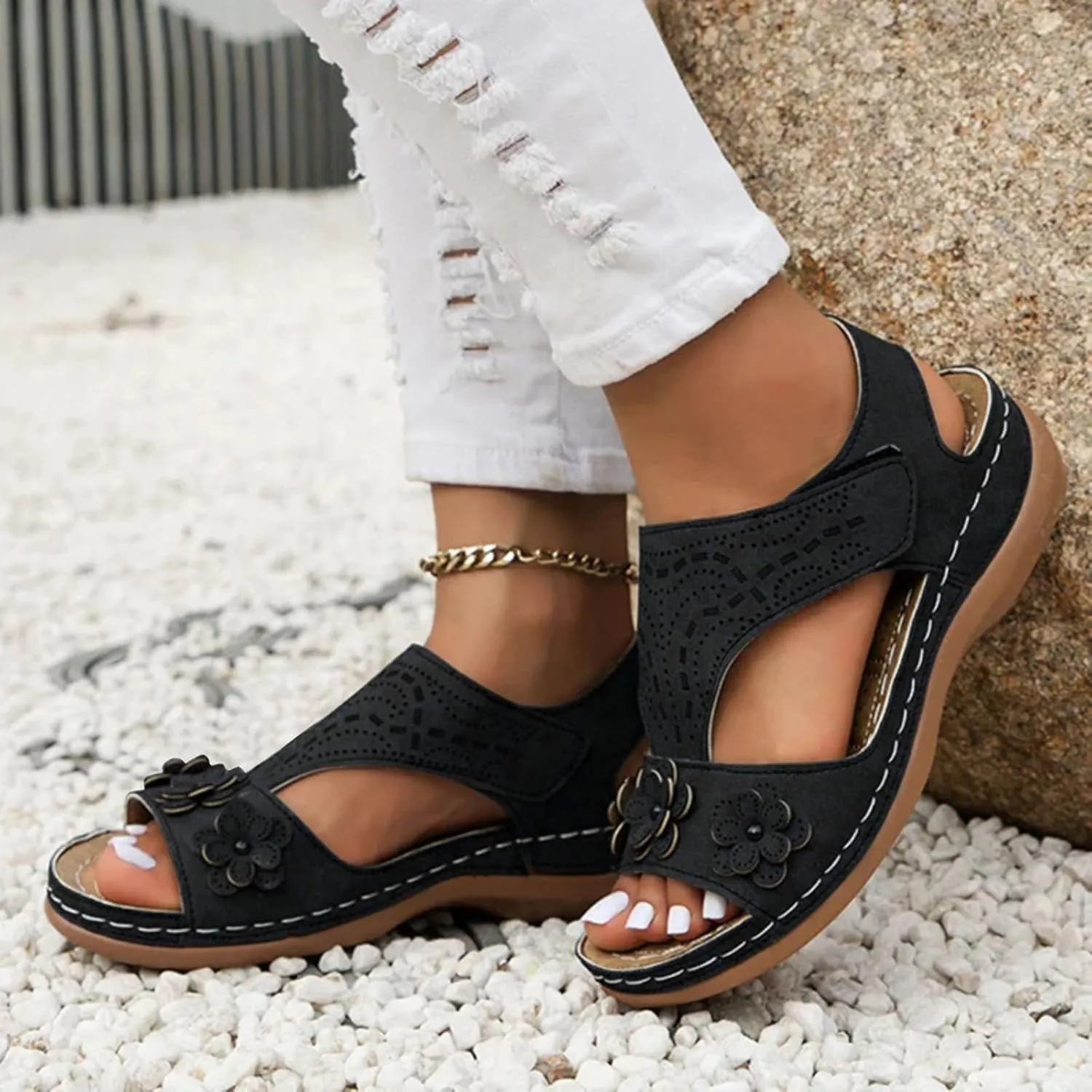 Womens Casual And Fashionable Slides 3D Flower Decorative Open Toe Arch Support Ankle Strap Platform Sandals Bohemian Hollow Slip On Casual Lightweight Comfortable Outdoor Womens Espadrille Sandals
