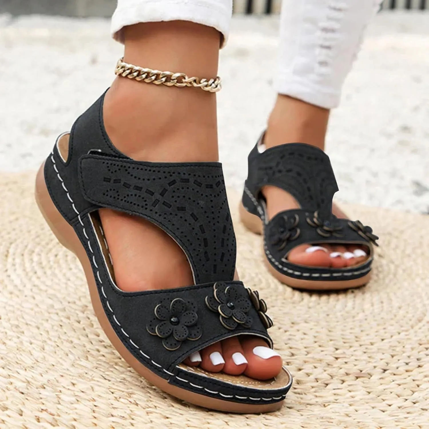 Womens Casual And Fashionable Slides 3D Flower Decorative Open Toe Arch Support Ankle Strap Platform Sandals Bohemian Hollow Slip On Casual Lightweight Comfortable Outdoor Womens Espadrille Sandals