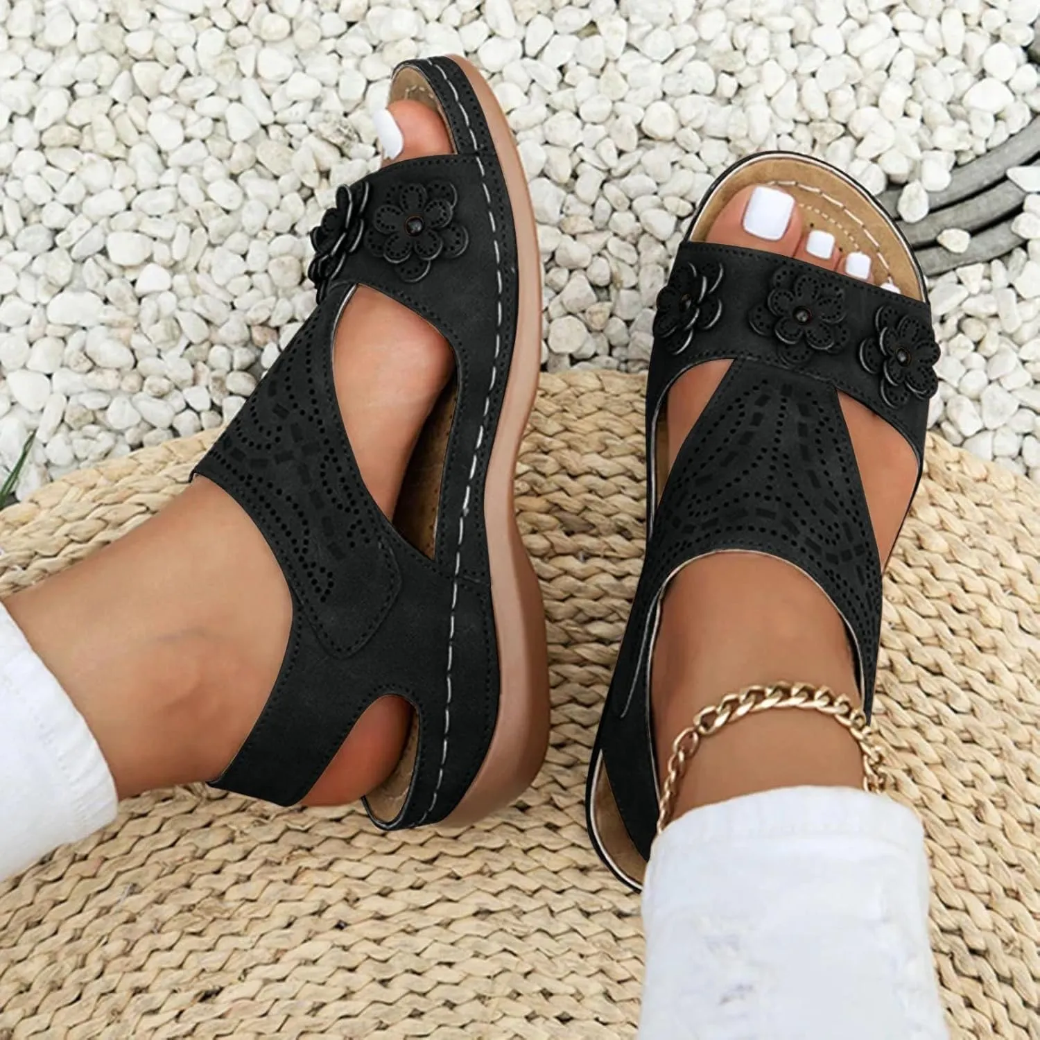 Womens Casual And Fashionable Slides 3D Flower Decorative Open Toe Arch Support Ankle Strap Platform Sandals Bohemian Hollow Slip On Casual Lightweight Comfortable Outdoor Womens Espadrille Sandals