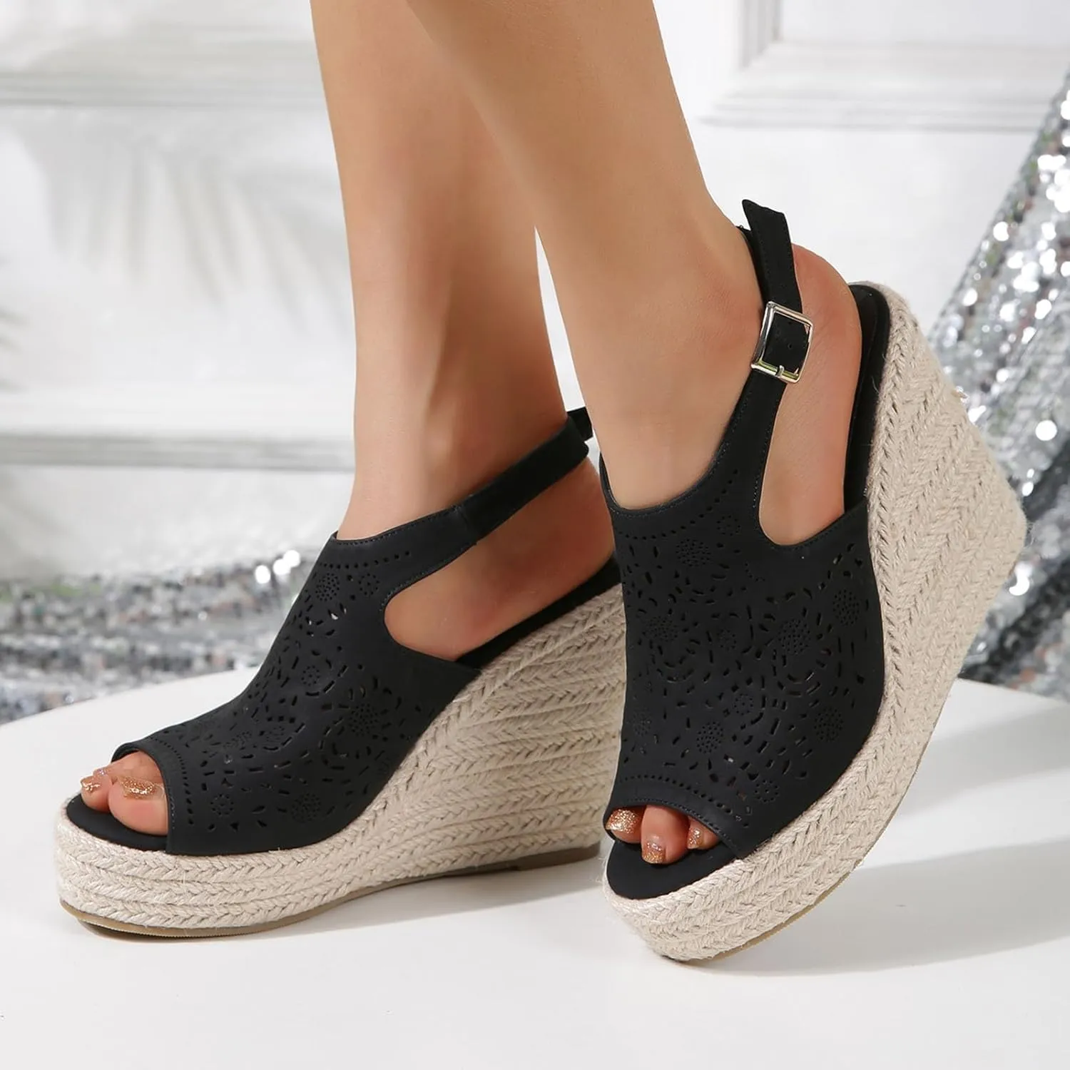 Women's Espadrilles Sandals Fish Mouth Wedge Sandals Thick Bottom Hollow Comfortable Walking Thong Men