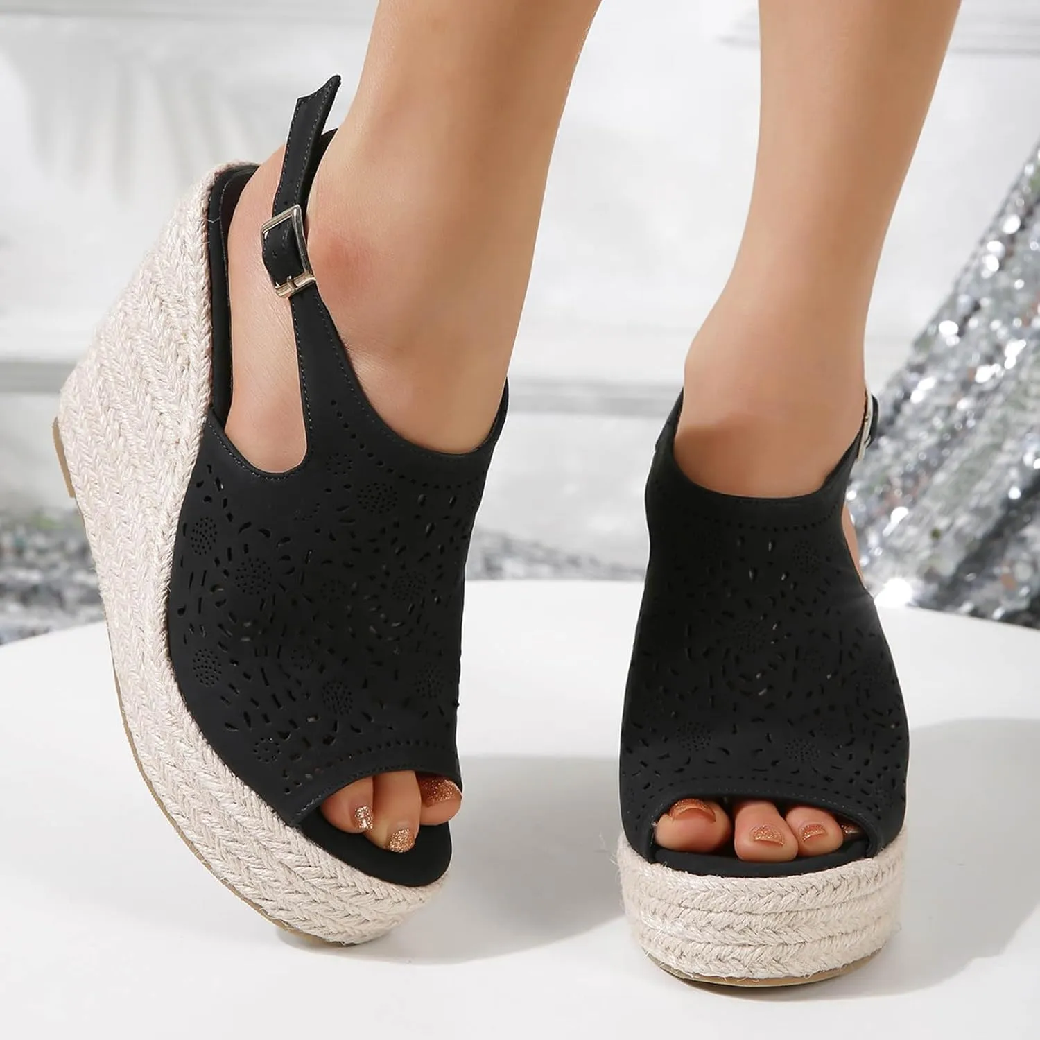 Women's Espadrilles Sandals Fish Mouth Wedge Sandals Thick Bottom Hollow Comfortable Walking Thong Men