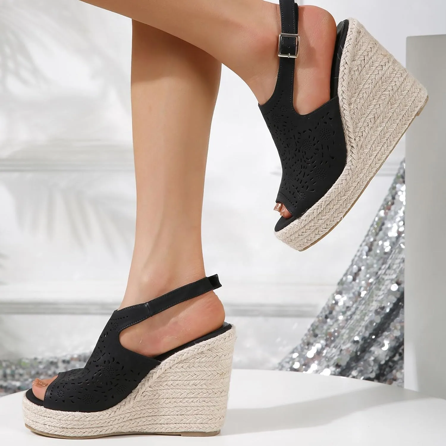 Women's Espadrilles Sandals Fish Mouth Wedge Sandals Thick Bottom Hollow Comfortable Walking Thong Men