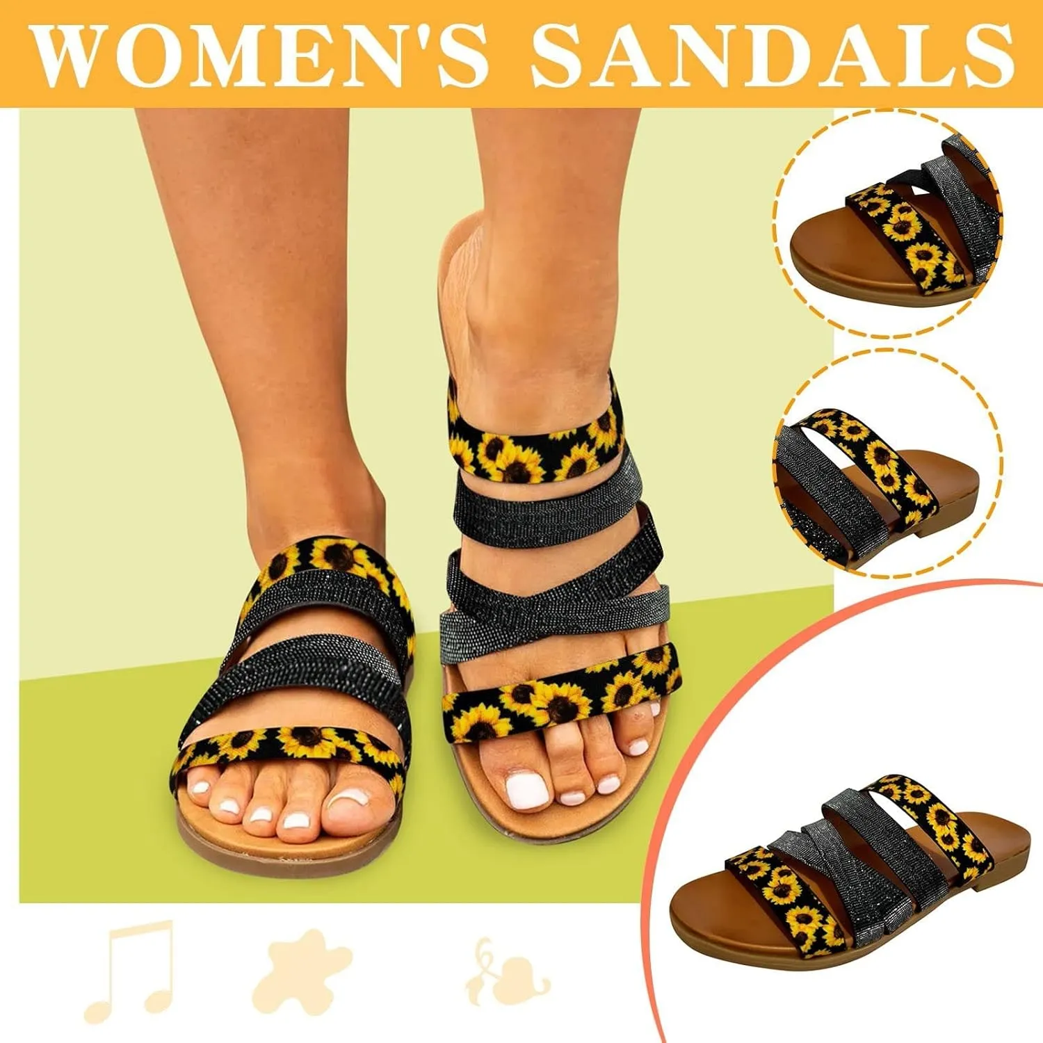 Womens Flat Sandals Gladiator Slip On Flats Sunflower Open Toe Slide Sandals, Casual Beach Boho Dress Shoes Ankle Strap Non Slip Walking Slippers All Day Comfort