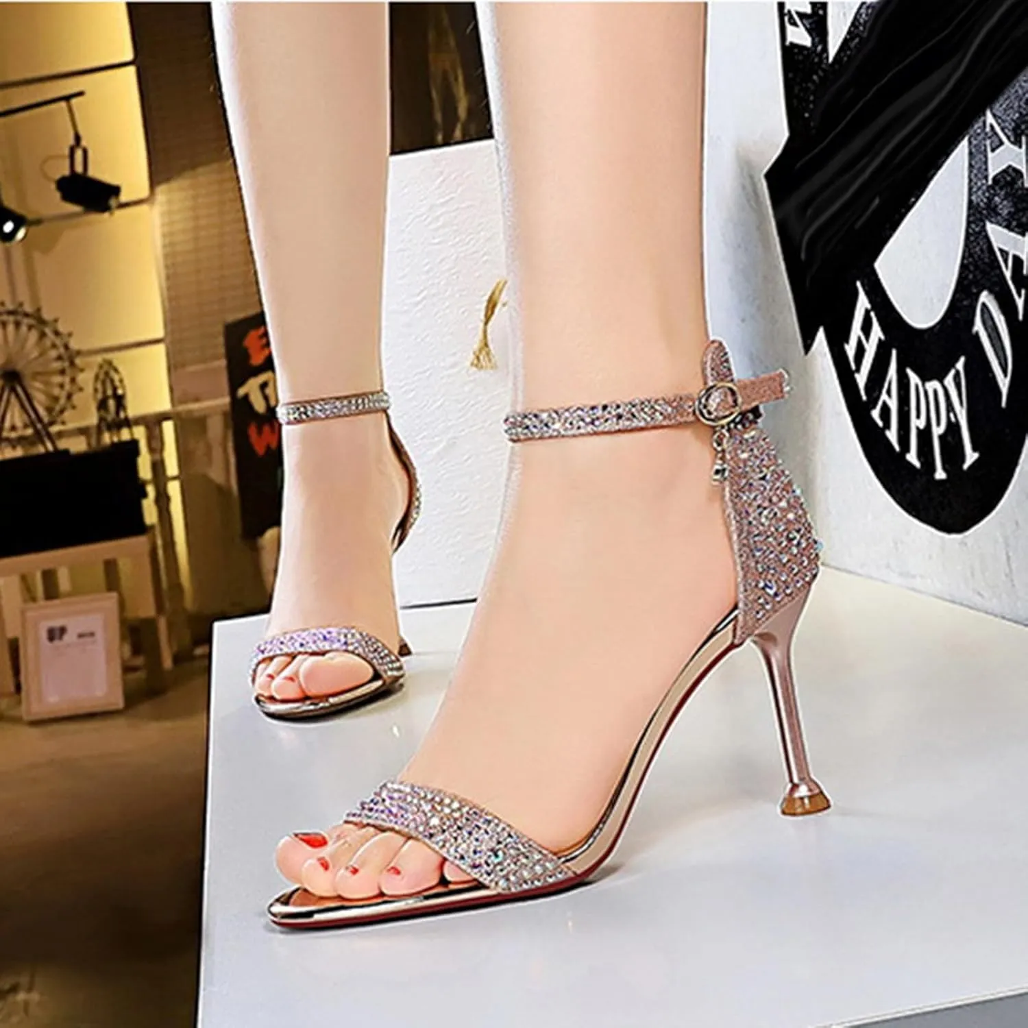 Women's Heeled Sandals Fashion Stilettos Open Shallow Mouthed Heels Sexy Nightclub Comfort Hollowed Out Strappy Dress Shoes Wedding Bridal Pumps Rhinestone Party Sandals