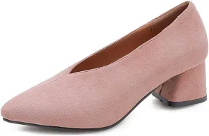 Women's Pointed Toe Chunky Block Mid Heel Pumps Suede Slip-On Loafer Casual Work Office Dress Shoes