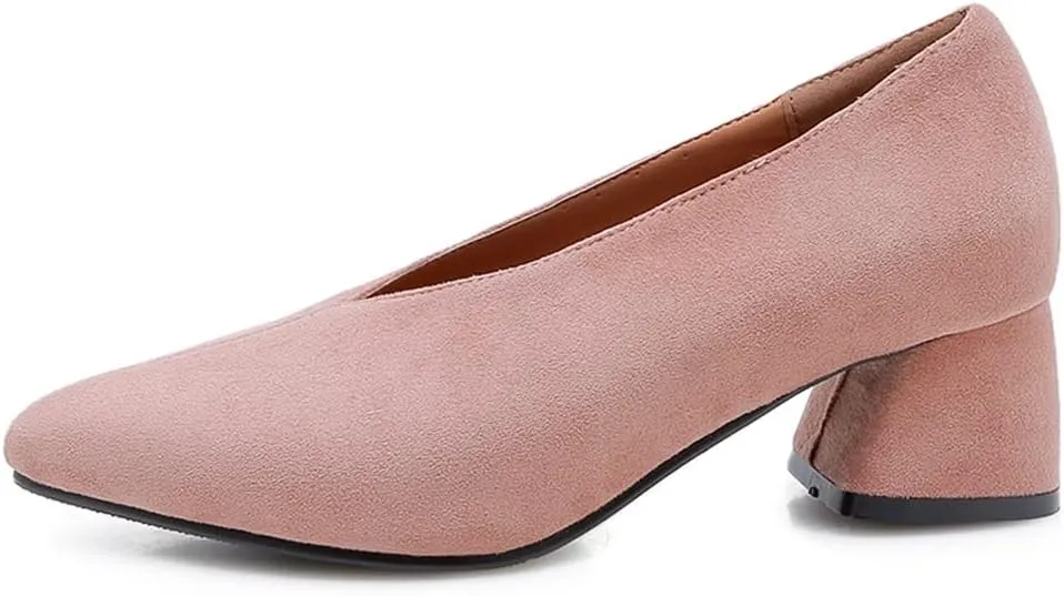 Women's Pointed Toe Chunky Block Mid Heel Pumps Suede Slip-On Loafer Casual Work Office Dress Shoes