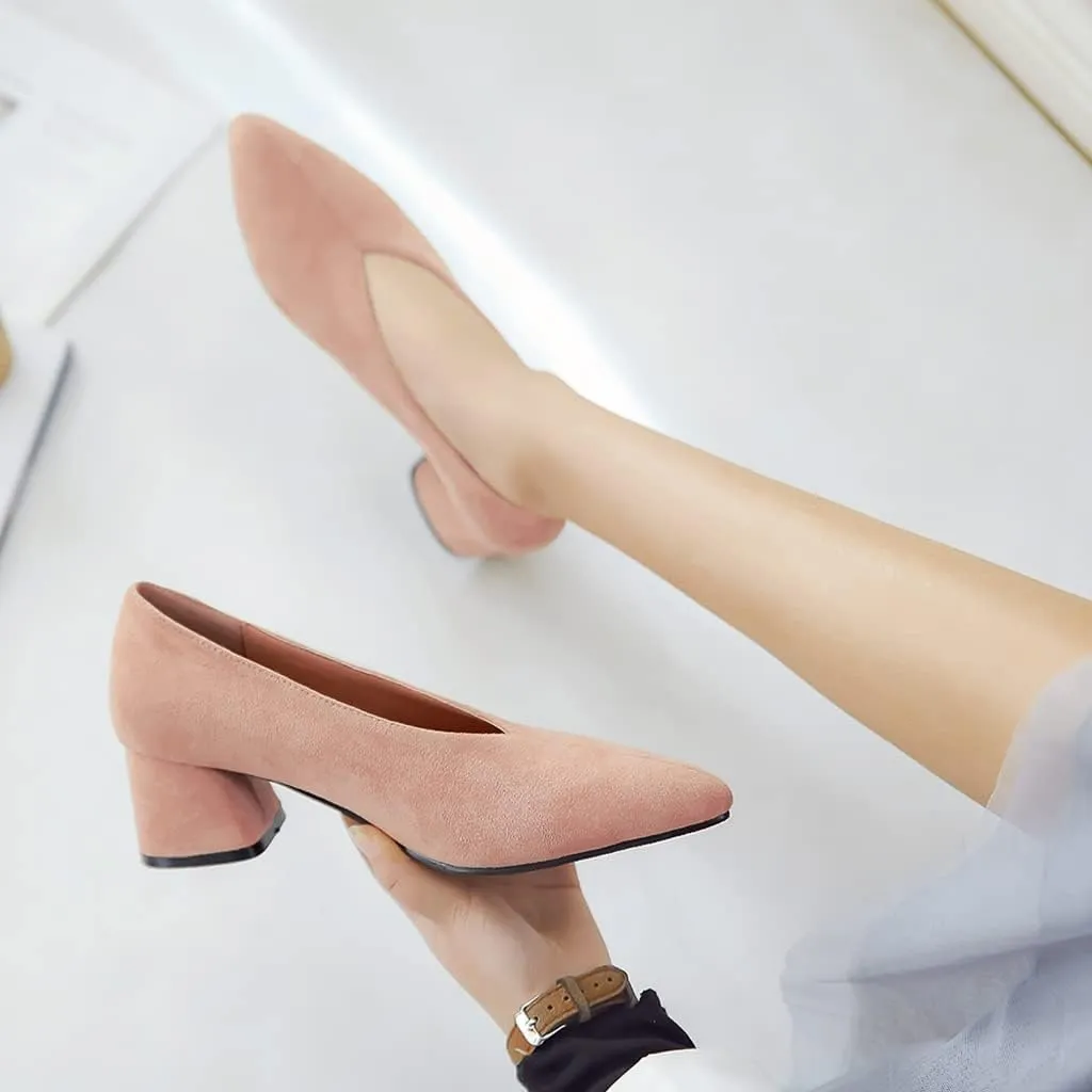 Women's Pointed Toe Chunky Block Mid Heel Pumps Suede Slip-On Loafer Casual Work Office Dress Shoes